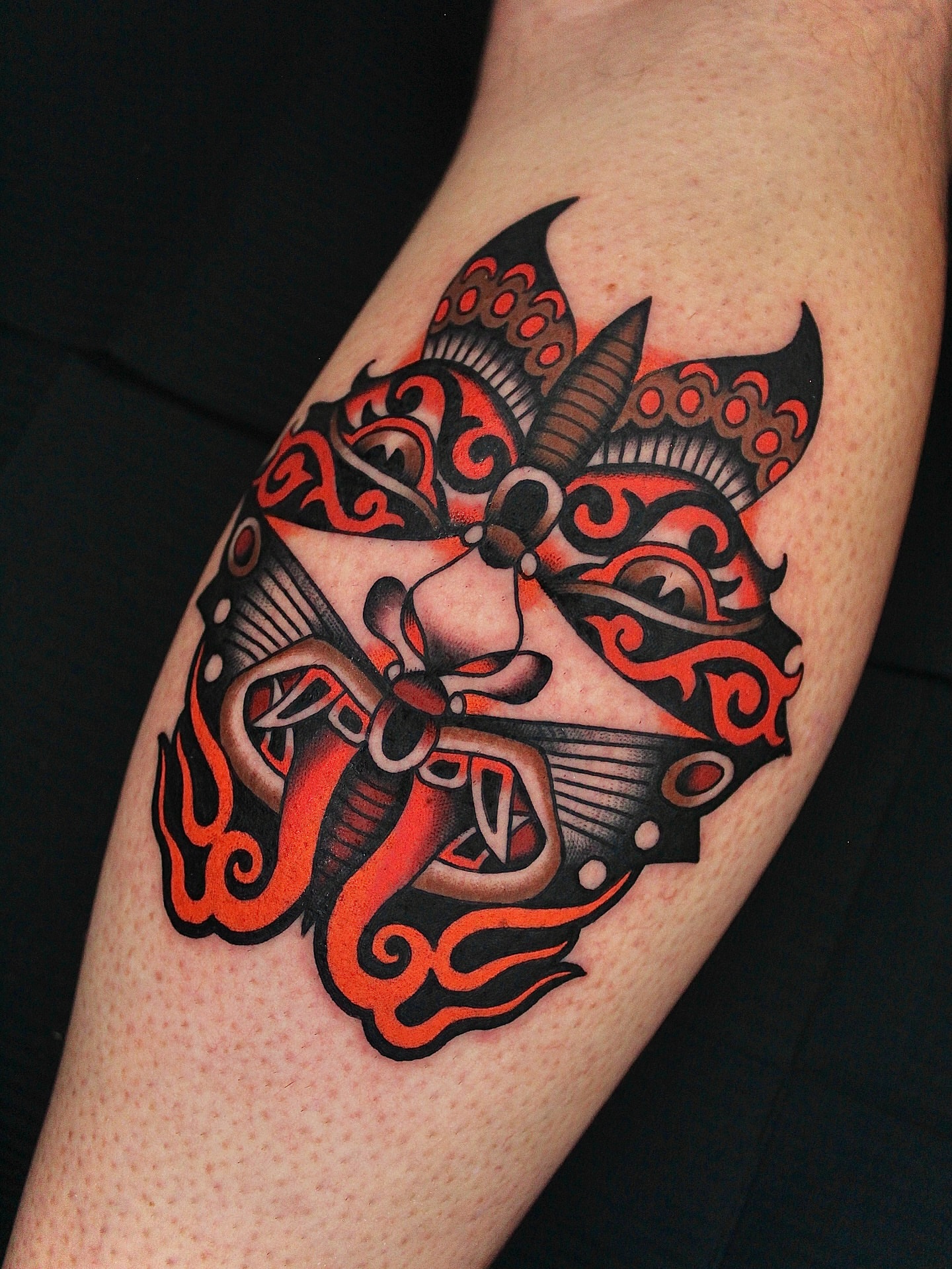 Pirate ship American traditional tattoo on the thigh by Dustin Stemen, Charlotte, North Carolina