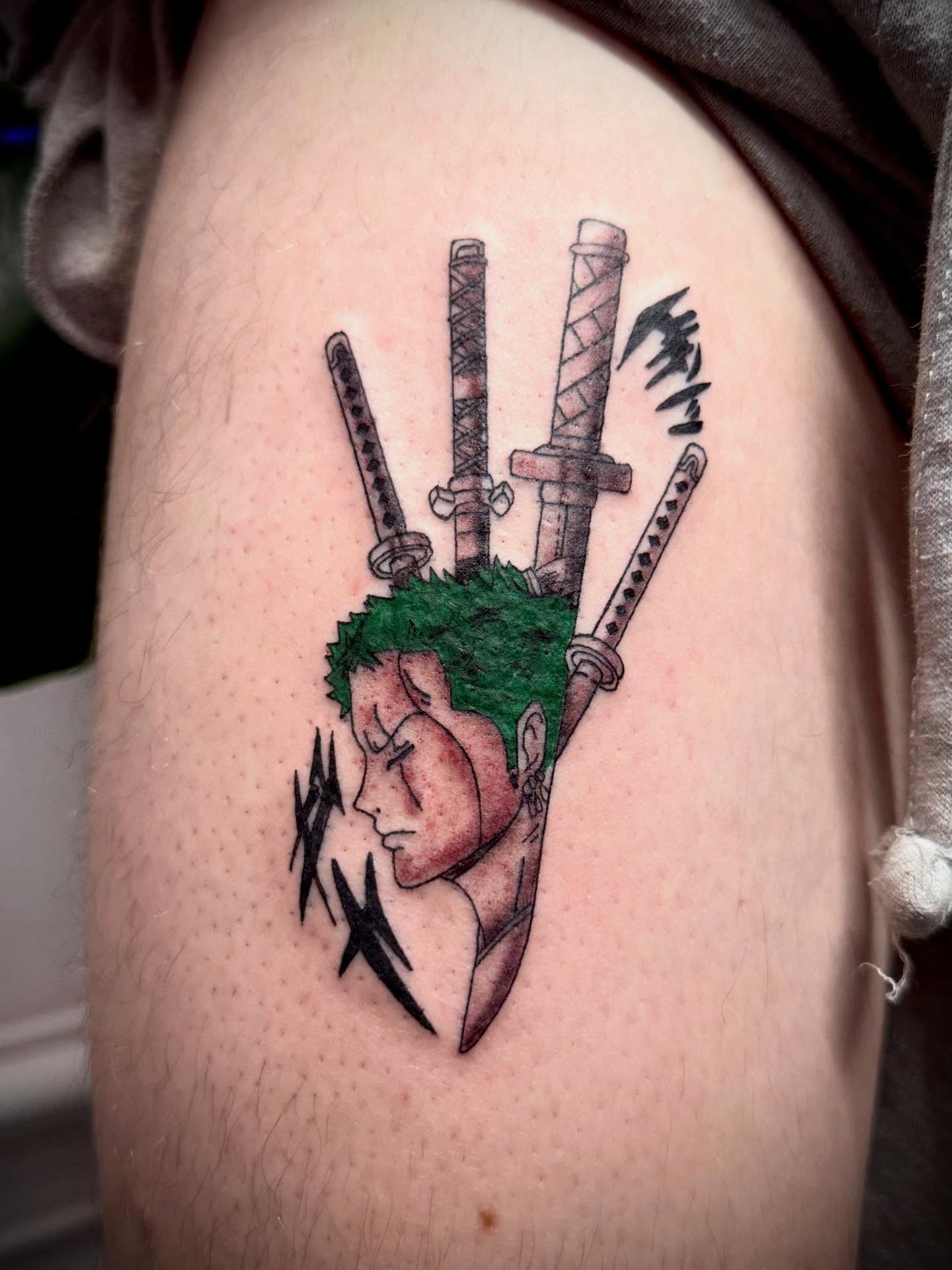 Samurai swordsman anime tattoo on the thigh by dotMX