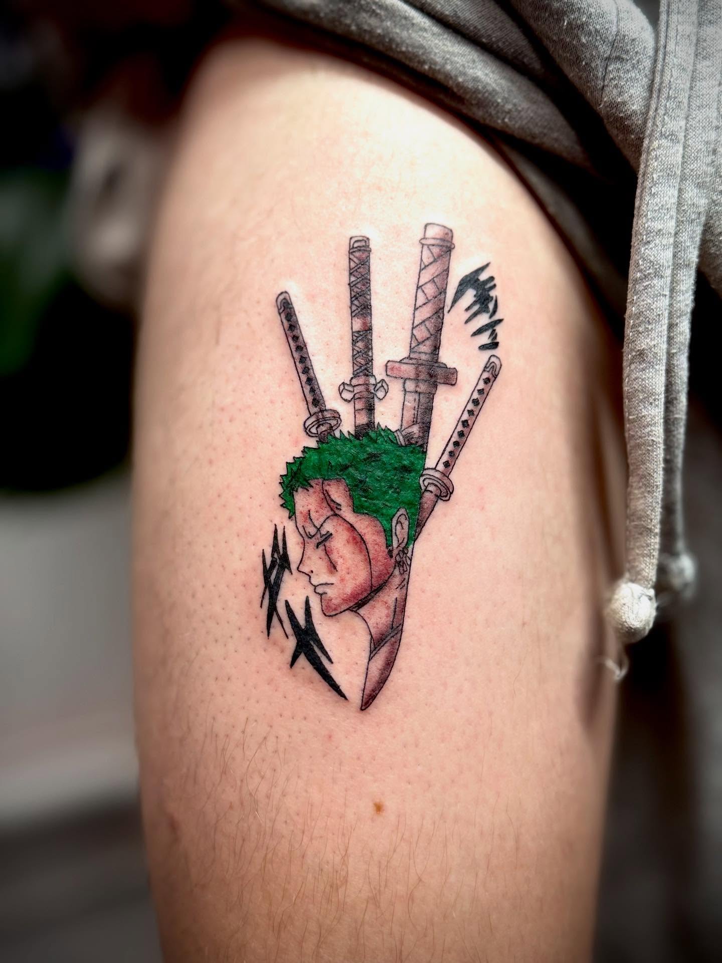 Samurai swordsman anime tattoo on the thigh by dotMX