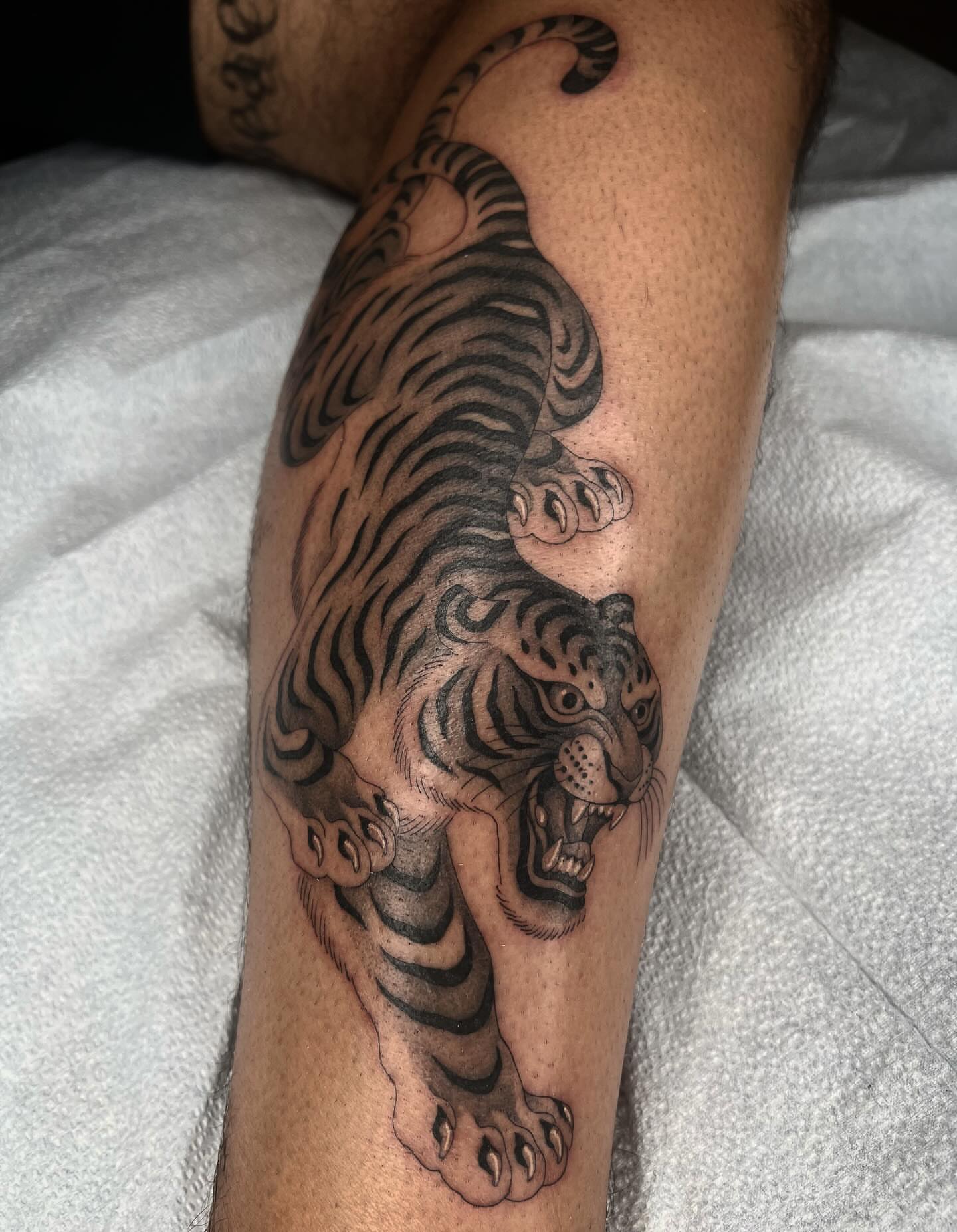Tiger black and grey tattoo on the forearm by linahsiaotattoo