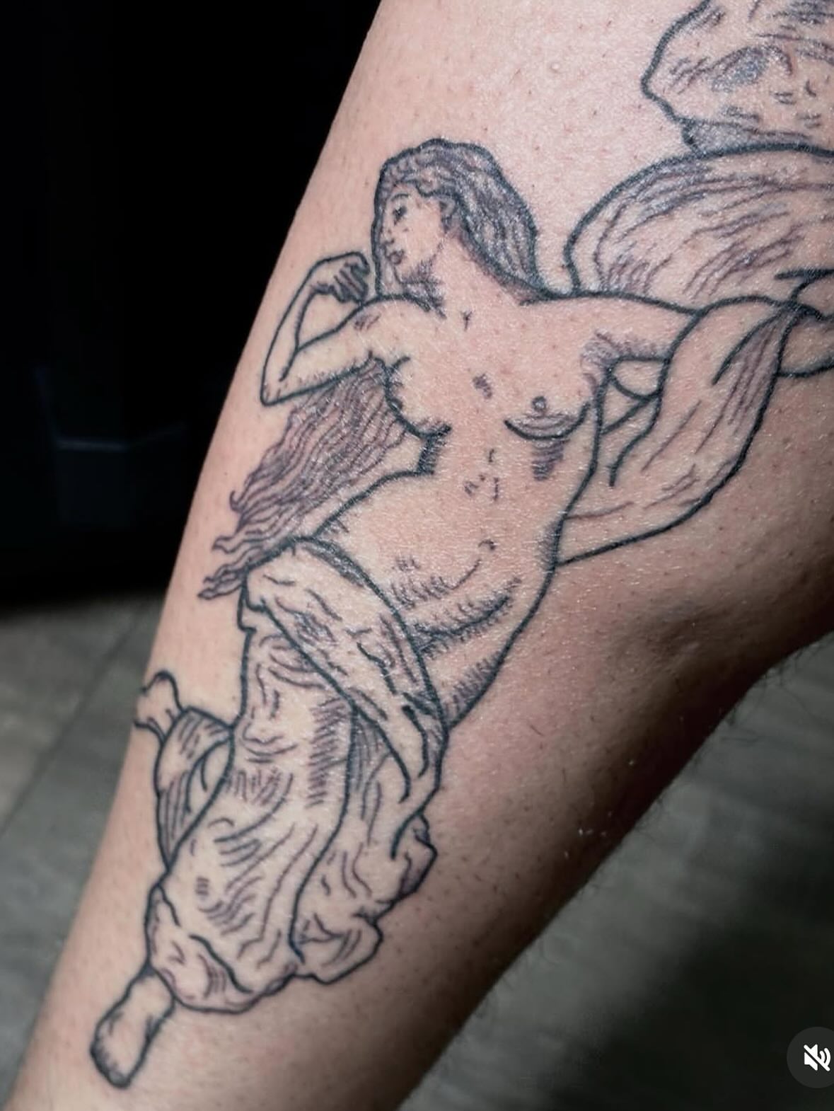 Nude female figure black and grey tattoo on the forearm by Angel Arceo