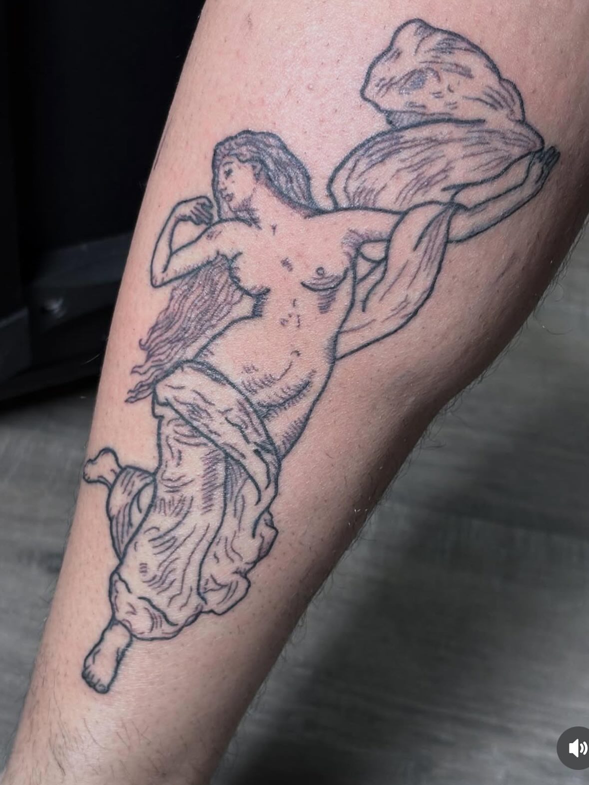 Nude female figure black and grey tattoo on the forearm by Angel Arceo