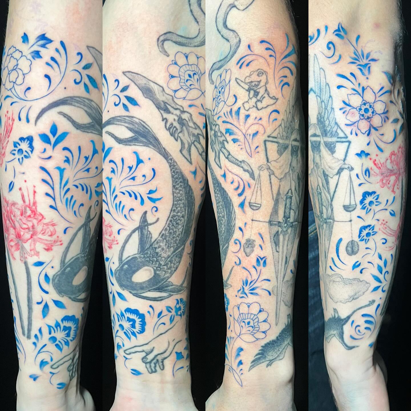 Koi fish and floral patterns American traditional tattoo on the forearm by l y n d s e y r i c k e t t s