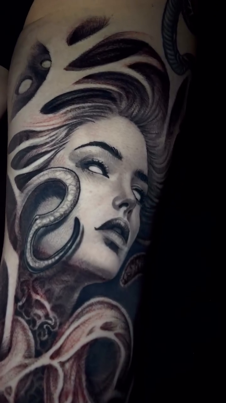 Medusa portrait with snakes realism tattoo by Aaron Moonan🩸Tattoo Artist NY
