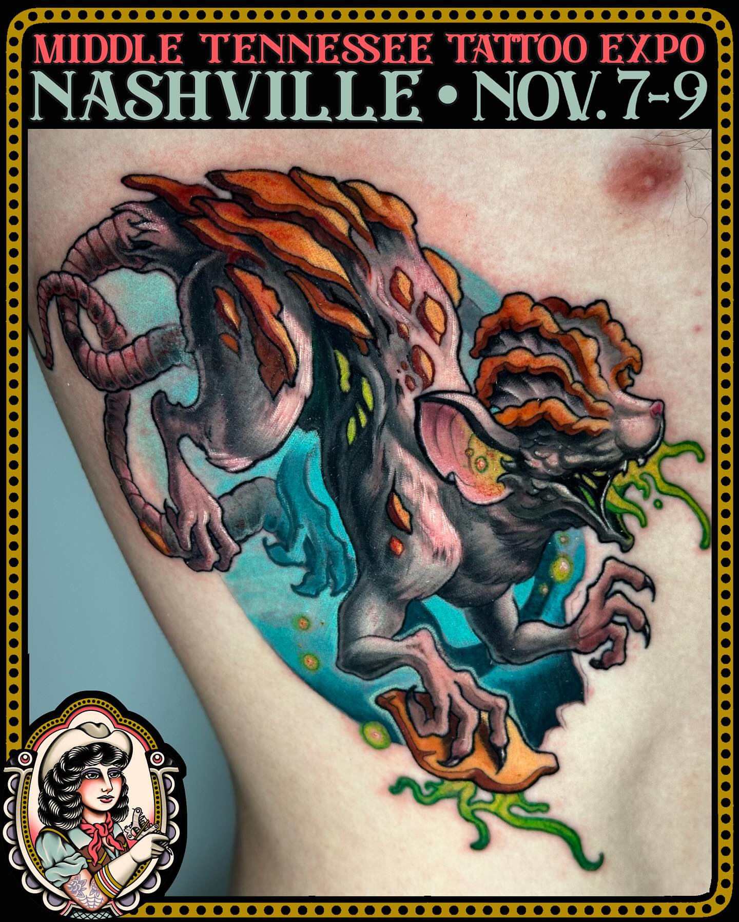 Monster neo-traditional tattoo on the upper arm by Zoe "Z" Fisk