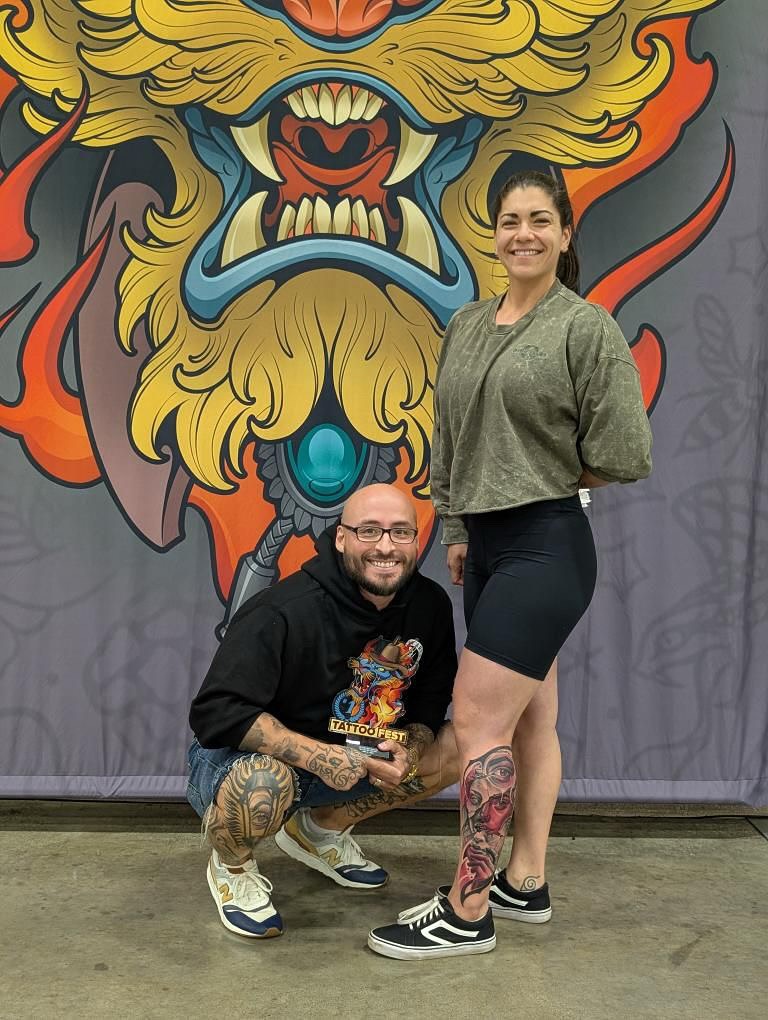 Lion American traditional tattoo on the leg by Gary Barrera