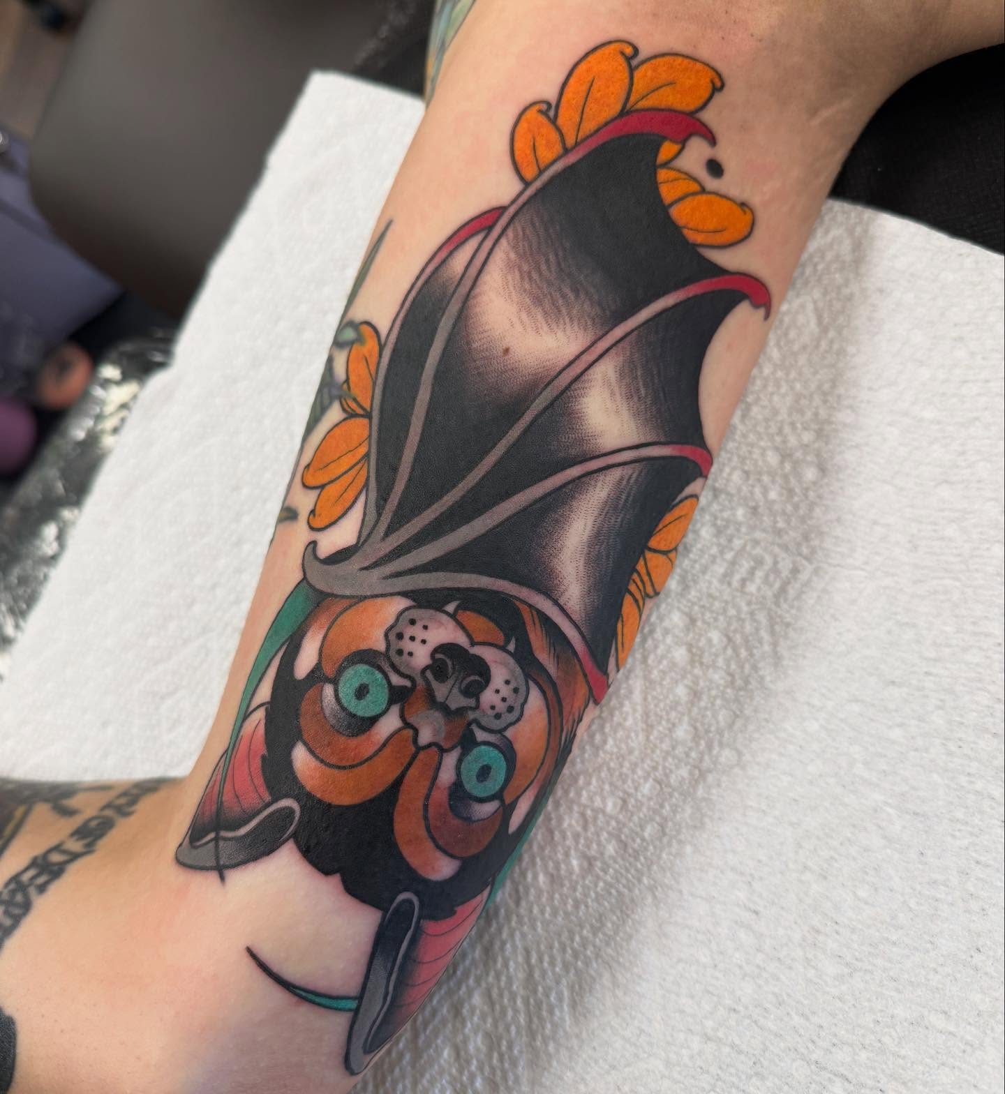 Bat American traditional tattoo on the forearm by Spencer Webb
