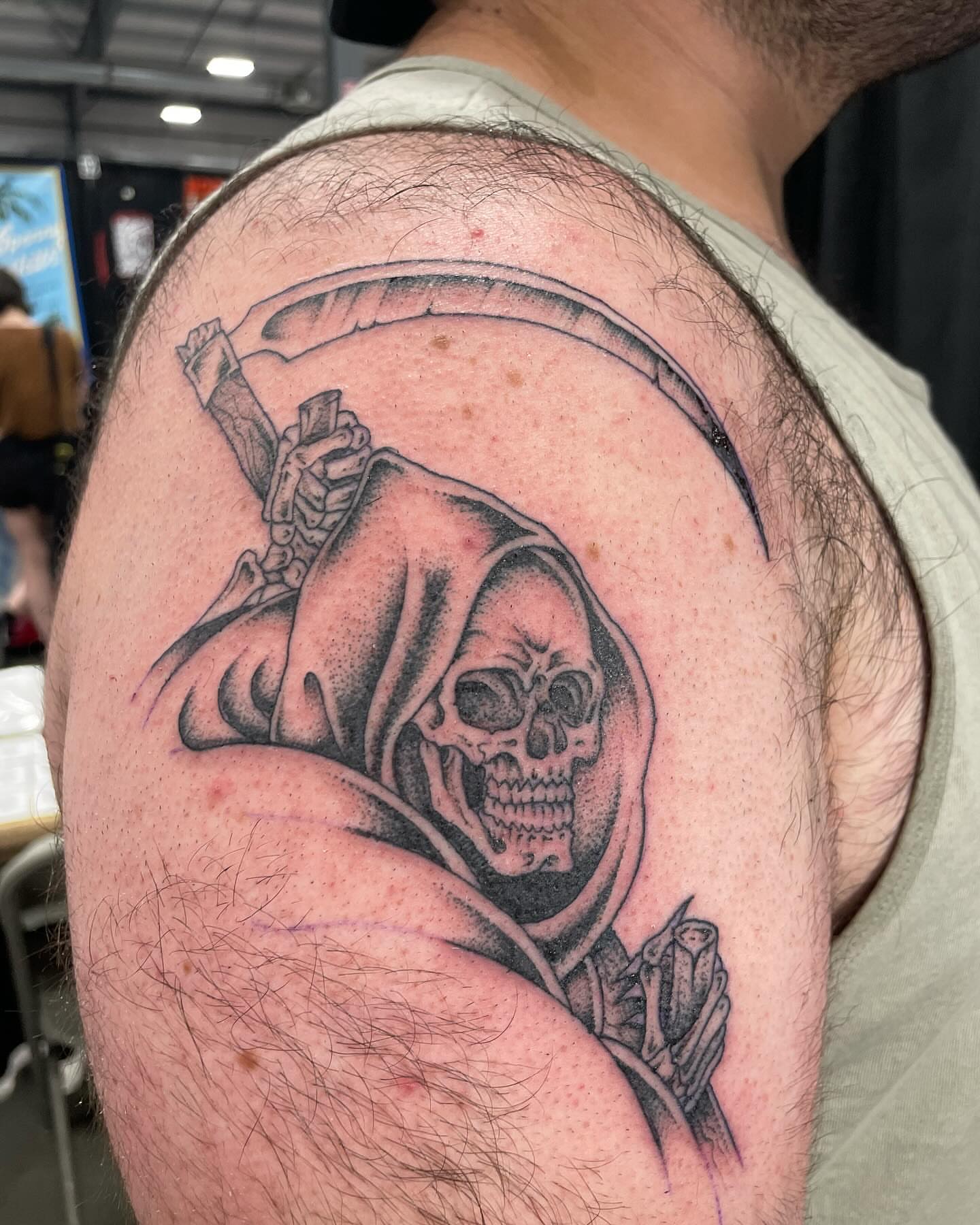 Grim reaper black and grey tattoo on the shoulder by Brayden P Tattoo