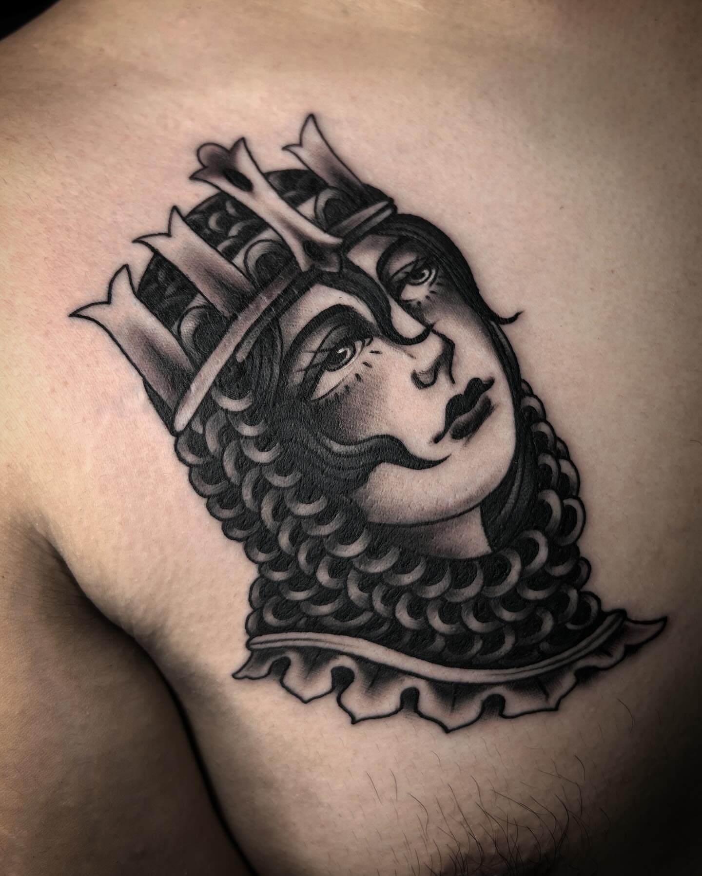Queen black and grey tattoo on the chest by Samantha C, Bremerton, Washington