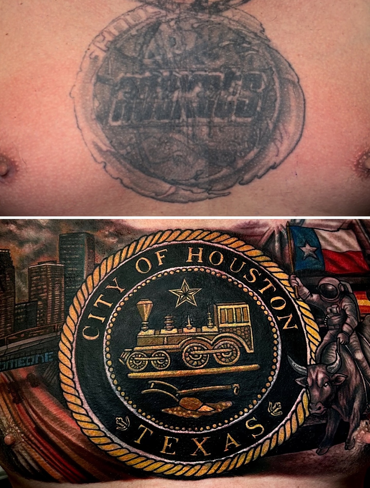City seal American traditional tattoo on the torso by Ernesto canua, Houston, Texas