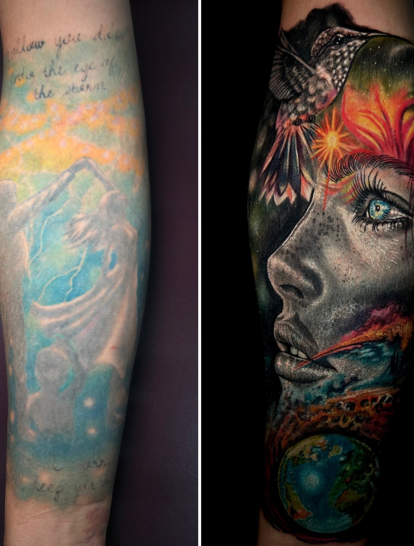 Abstract landscape realism tattoo on the forearm by Ernesto canua, Houston, Texas