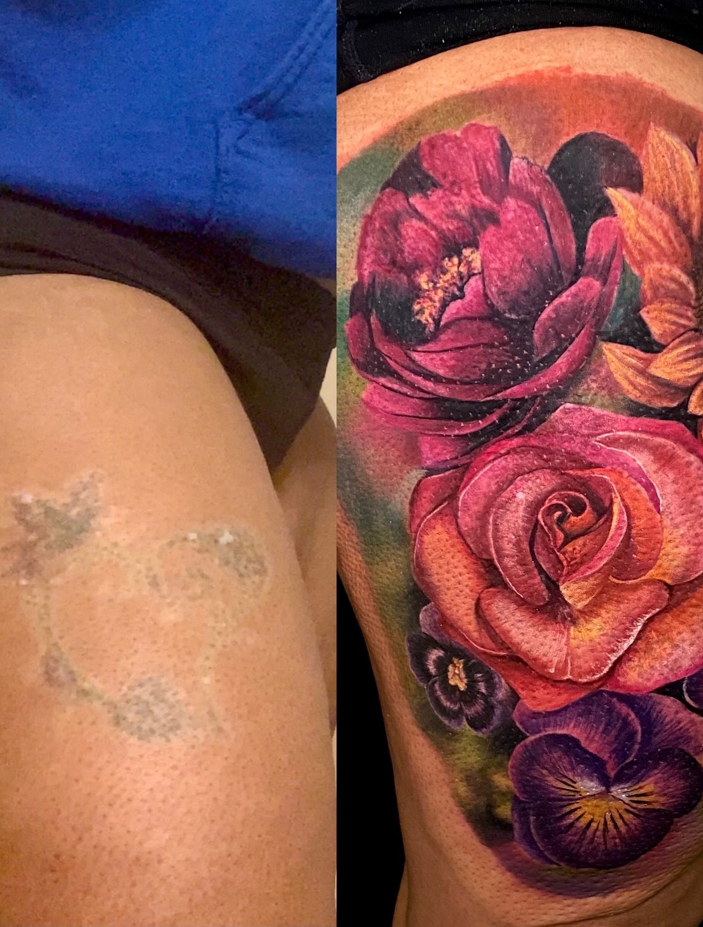 Flowers realism tattoo on the thigh by Ernesto canua, Houston, Texas