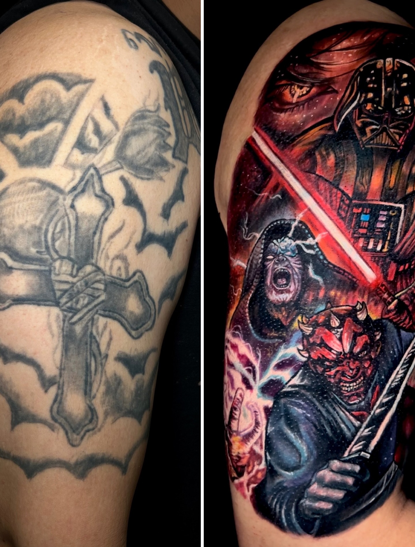 Demon and lightsaber dark realism tattoo on the forearm by Ernesto canua, Houston, Texas