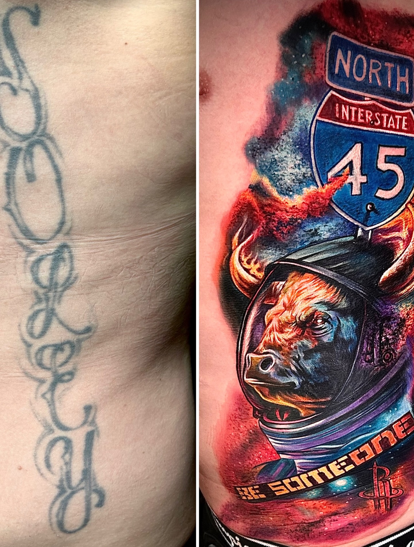 Astronaut bull realism tattoo on the thigh by Ernesto canua, Houston, Texas
