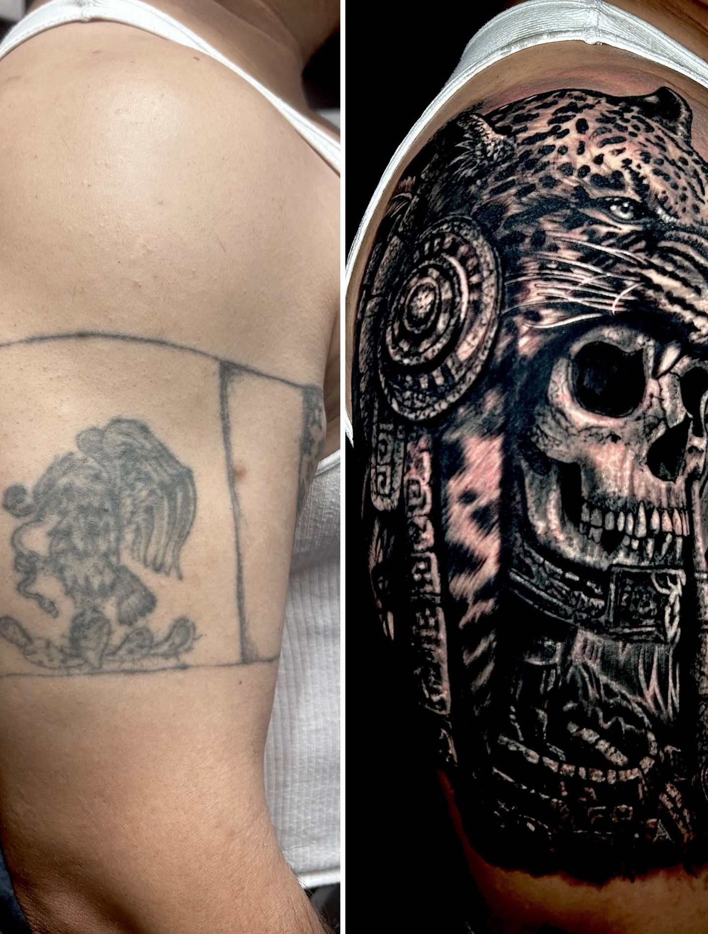 Skull with leopard dark realism tattoo on the shoulder by Ernesto canua, Houston, Texas