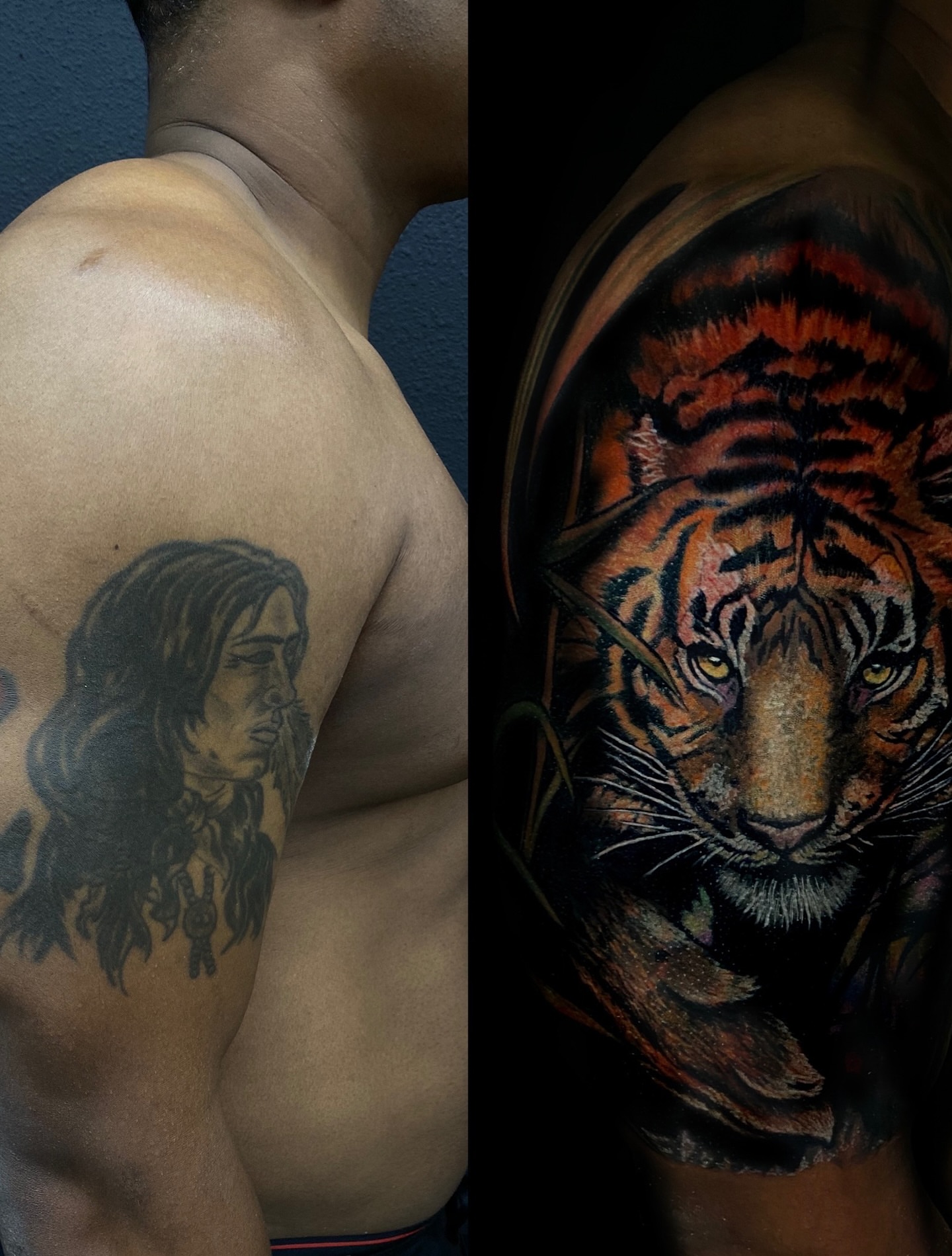 Tiger realism tattoo on the shoulder by Ernesto canua, Houston, Texas