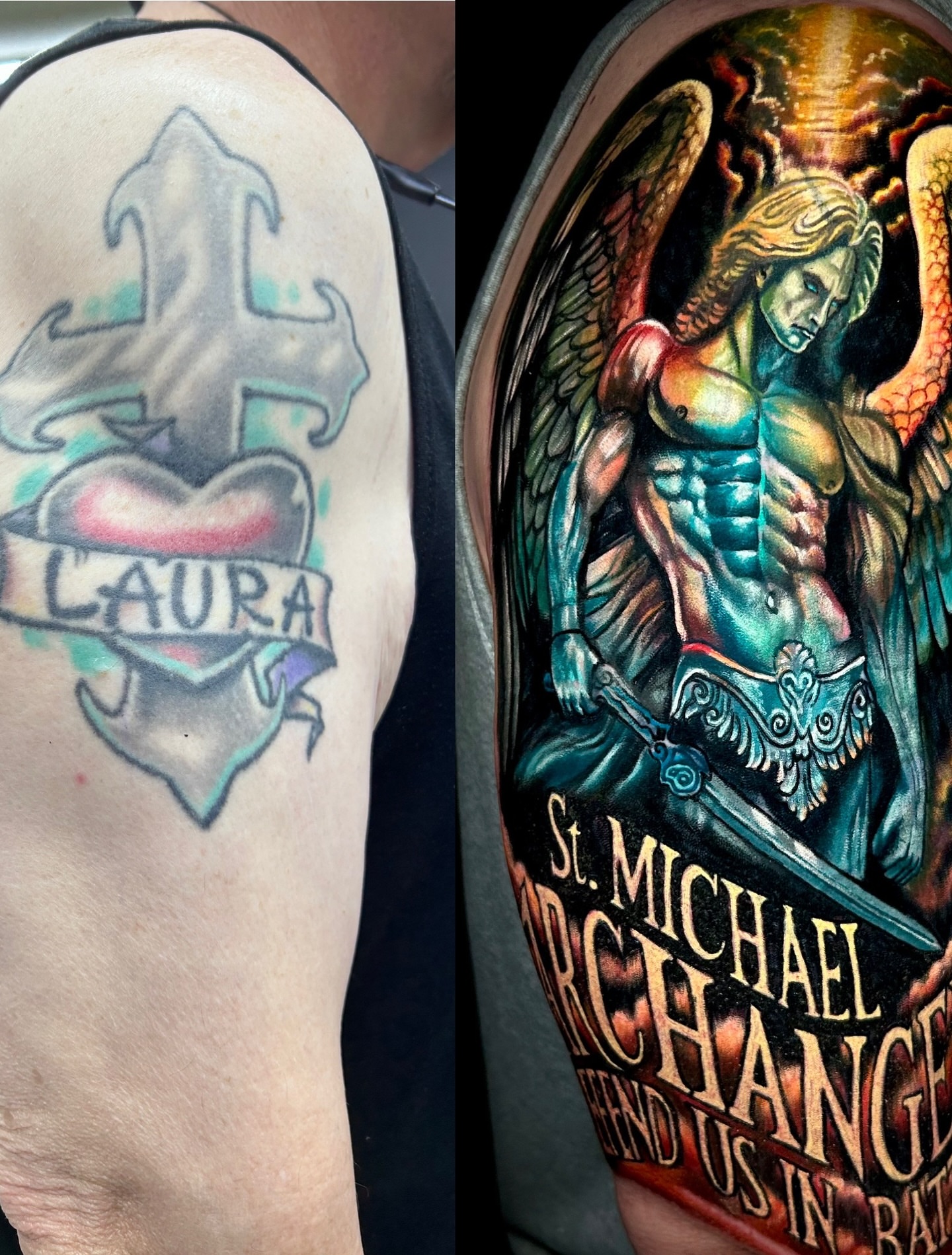 Angel with sword neo-traditional tattoo on the forearm by Ernesto canua, Houston, Texas