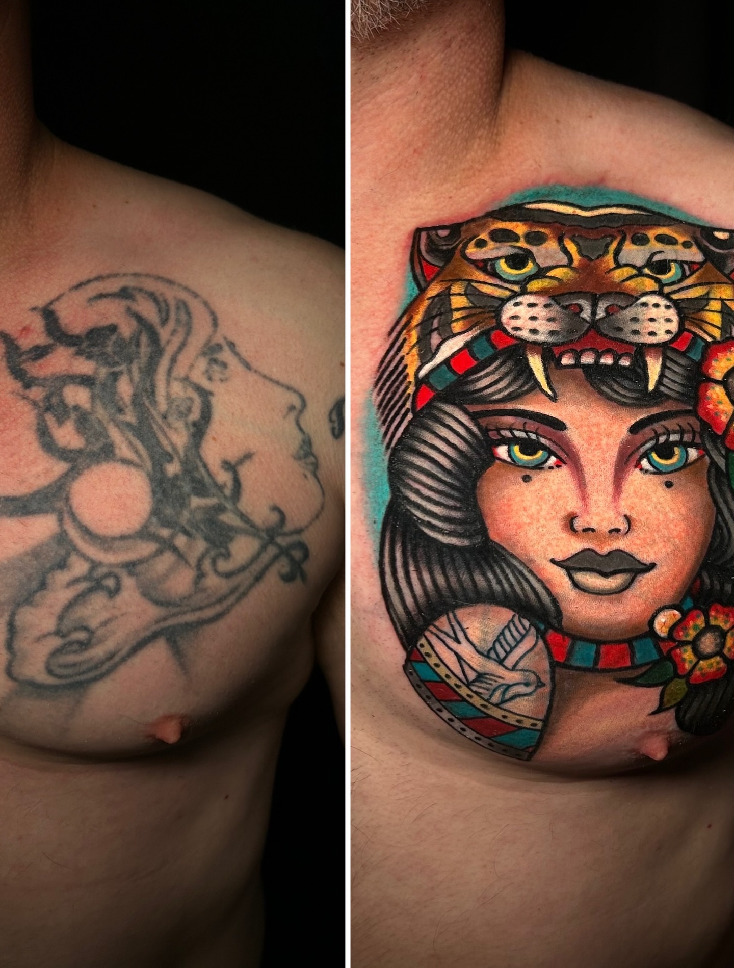 Woman with leopard American traditional tattoo on the chest by Ernesto canua, Houston, Texas