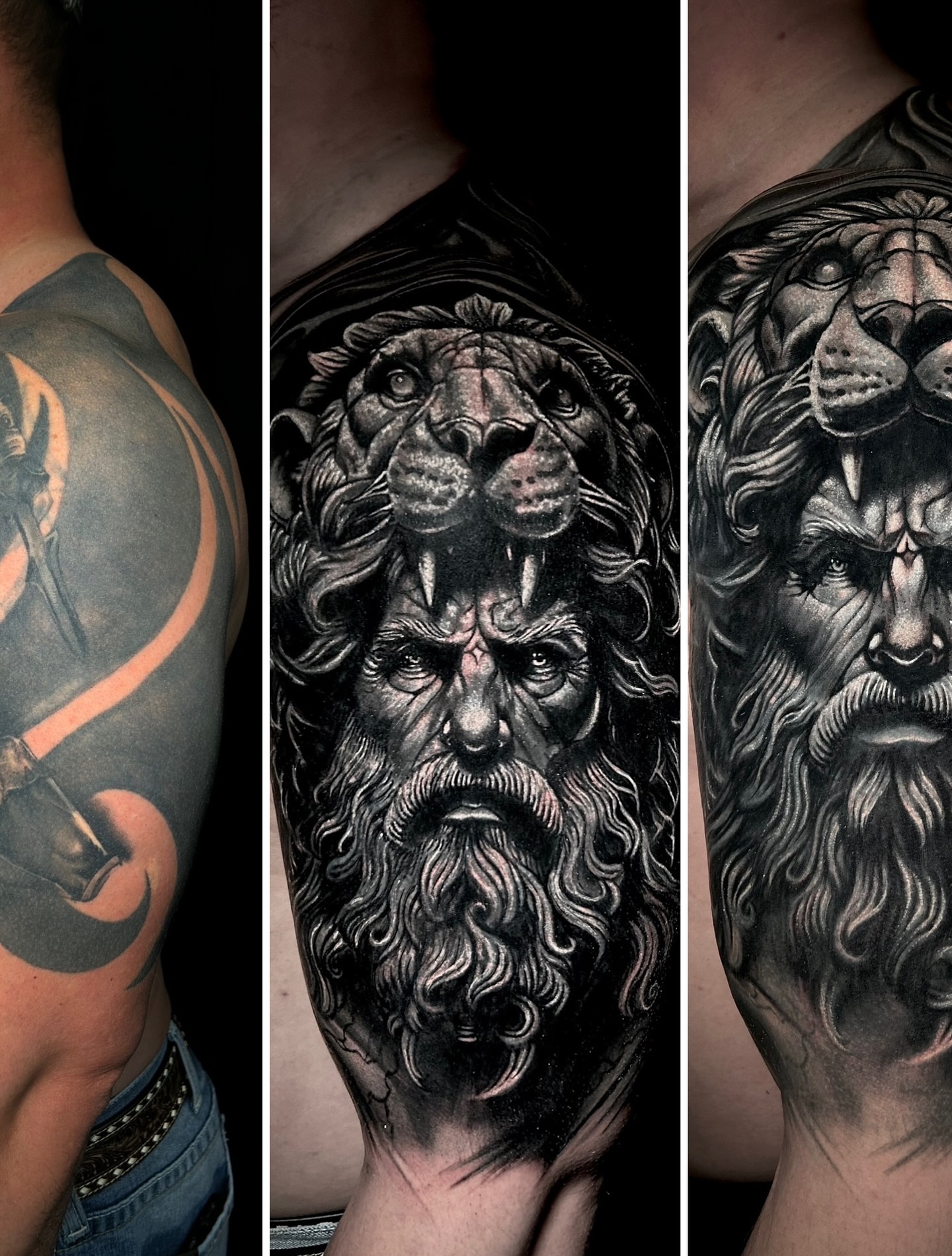 Lion and man realism tattoo on the chest by Ernesto canua, Houston, Texas