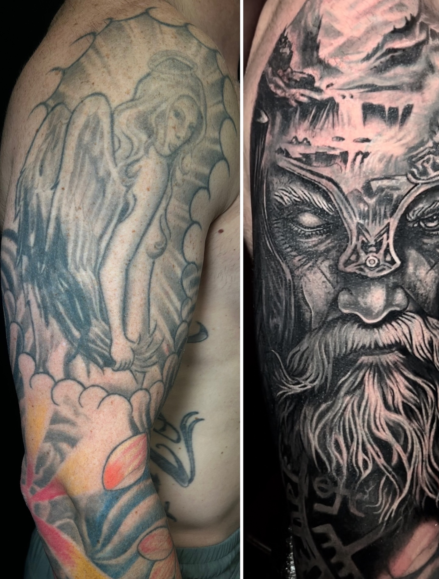 Angel and viking American traditional tattoo on the upper arm by Ernesto canua, Houston, Texas