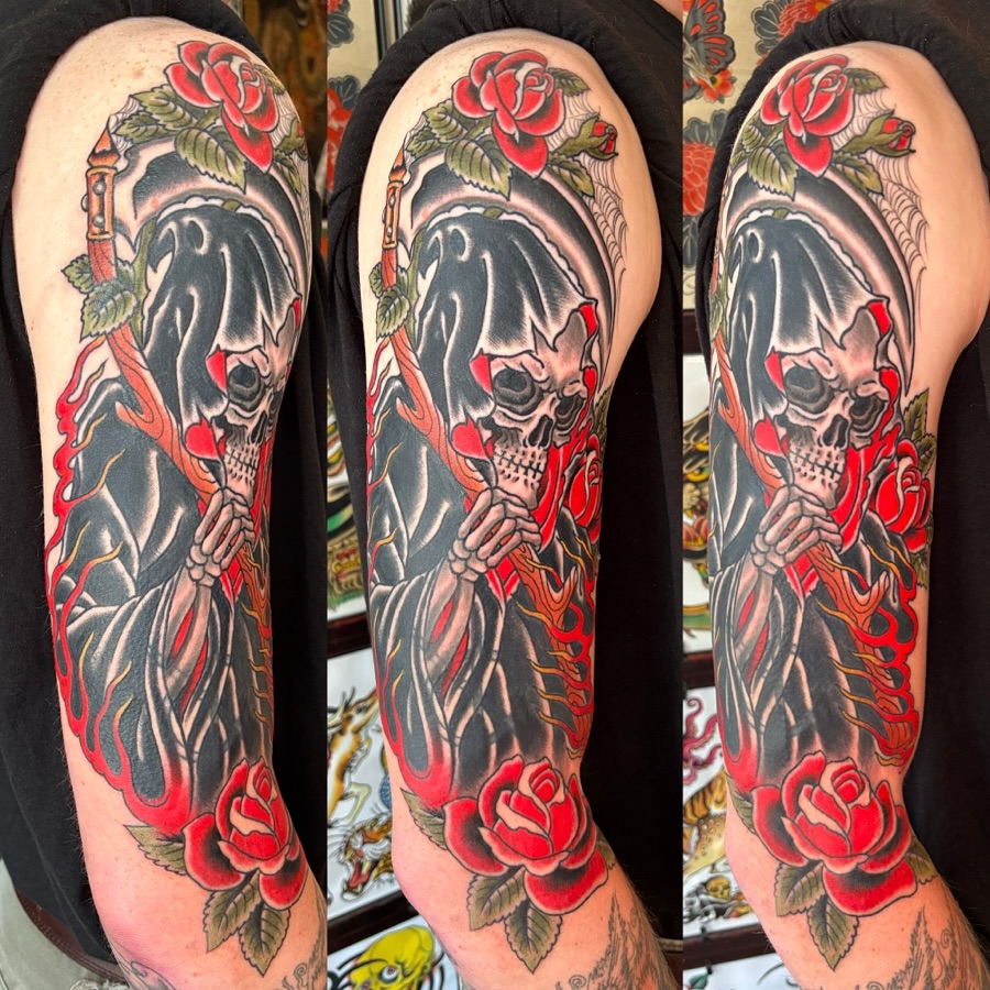 Death with roses American traditional tattoo on the forearm by Mike Maciejewski:Chicago Tattoo Artist