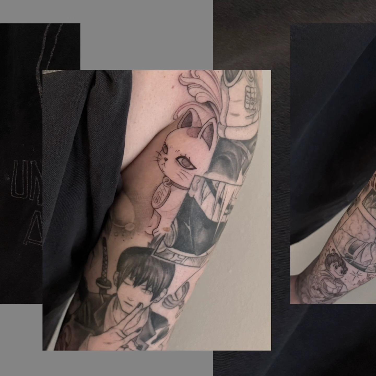 Cat and samurai anime tattoo on the forearm by Lynx, Cincinnati, Ohio