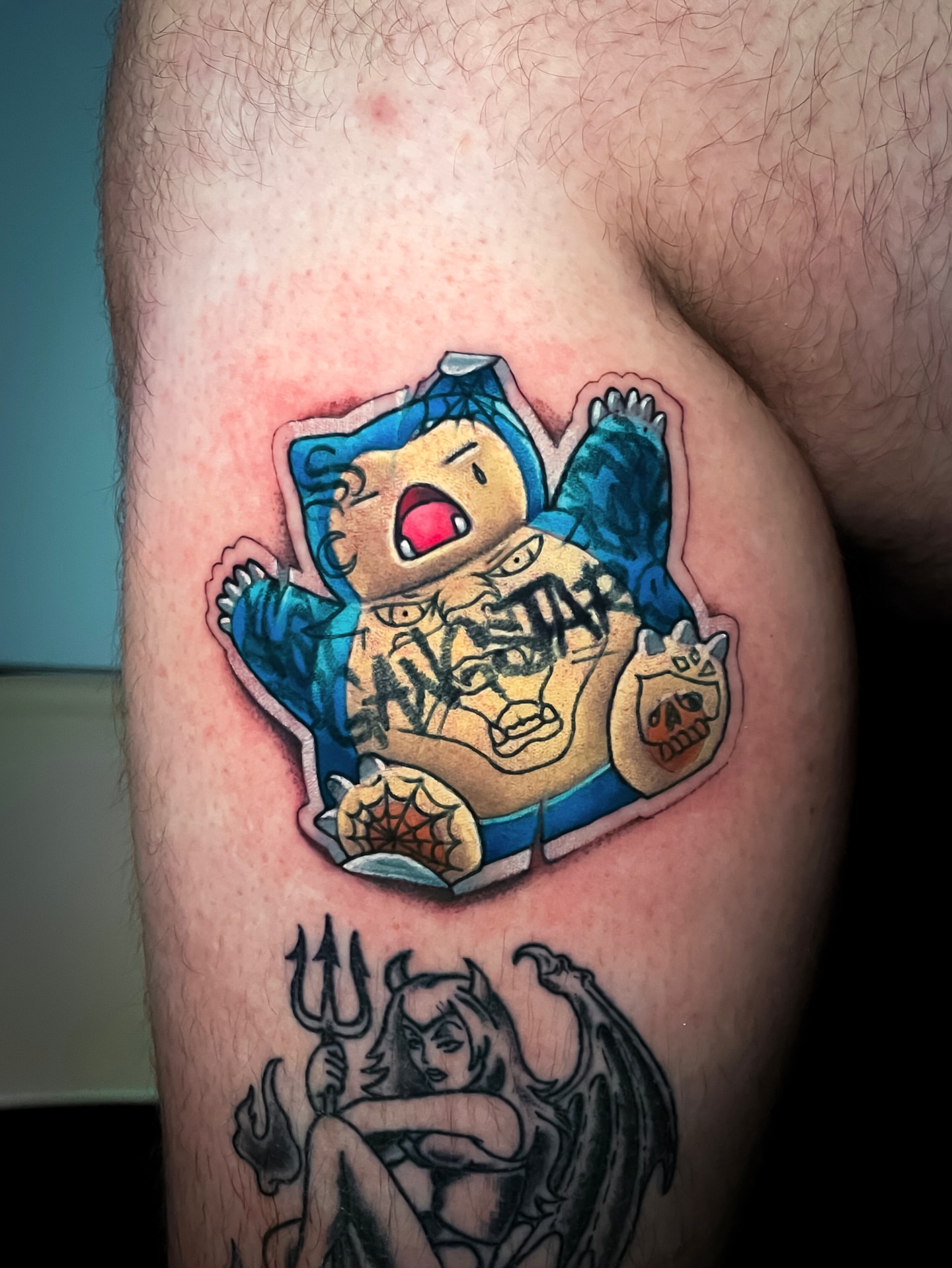 Chibi character dotwork tattoo on the thigh by Tattoo artist in Seattle, WA