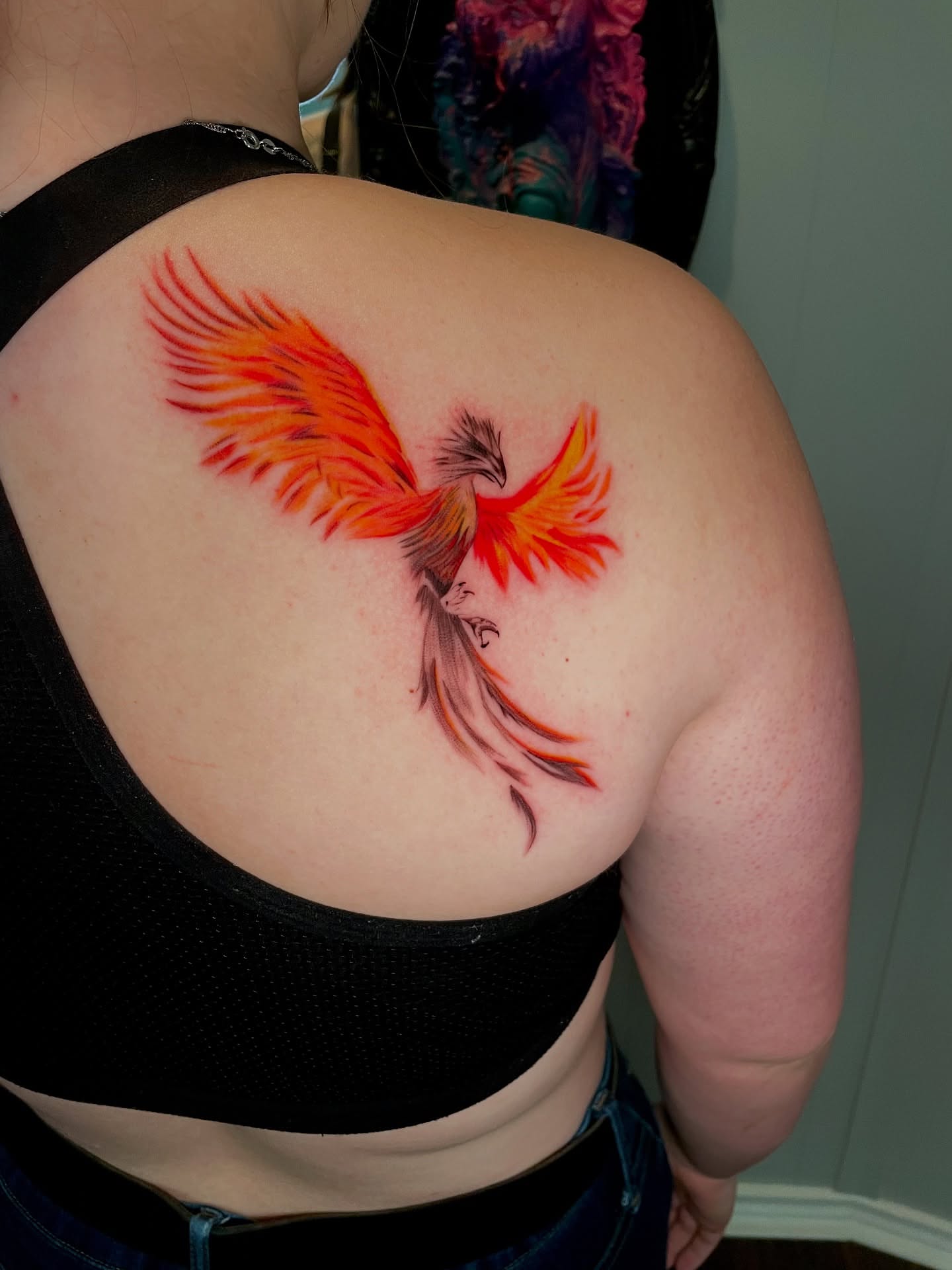 Phoenix new school tattoo on the back by AL 777, Denton, Texas
