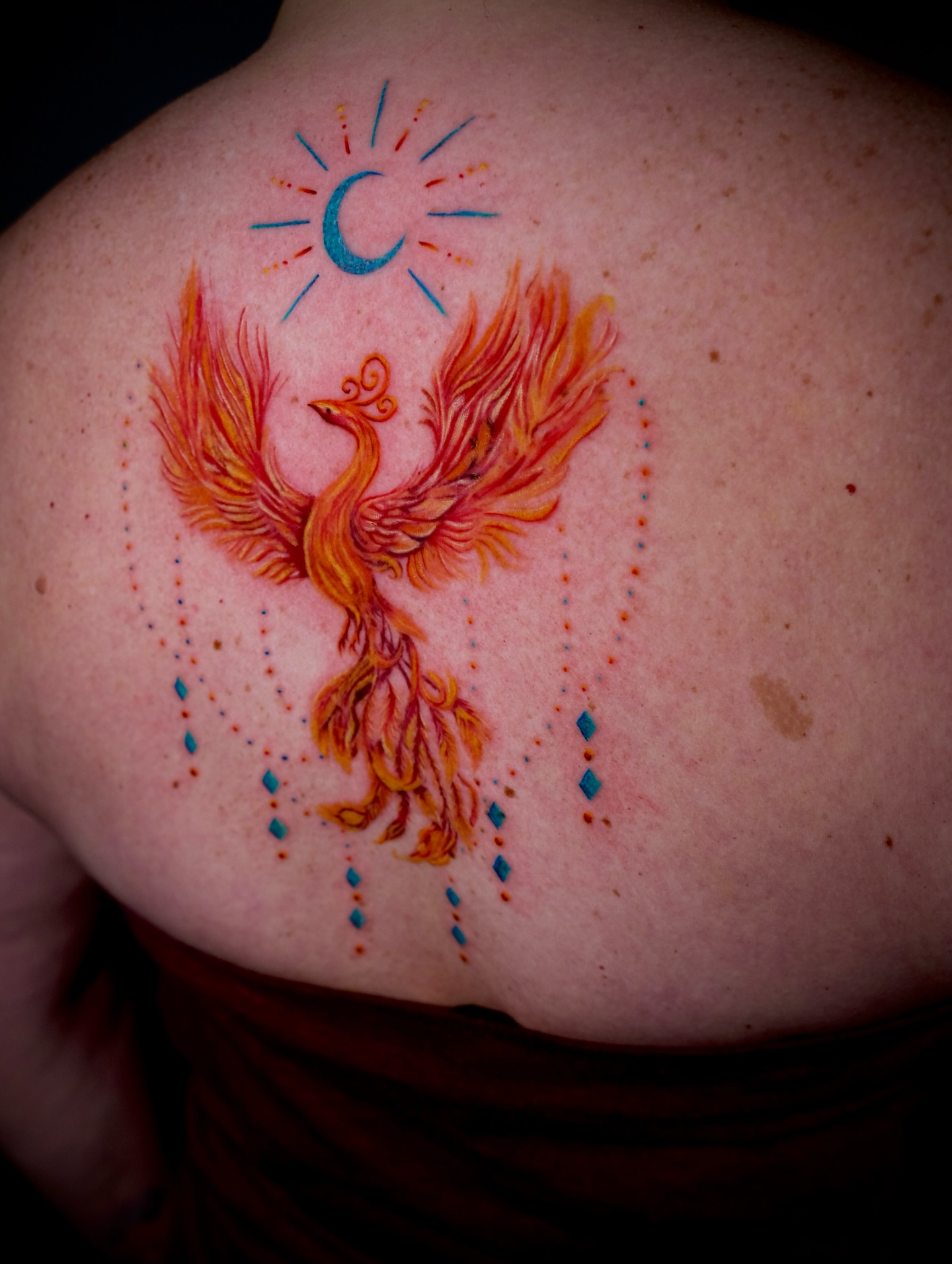 Phoenix dotwork tattoo on the back by AL 777, Denton, Texas