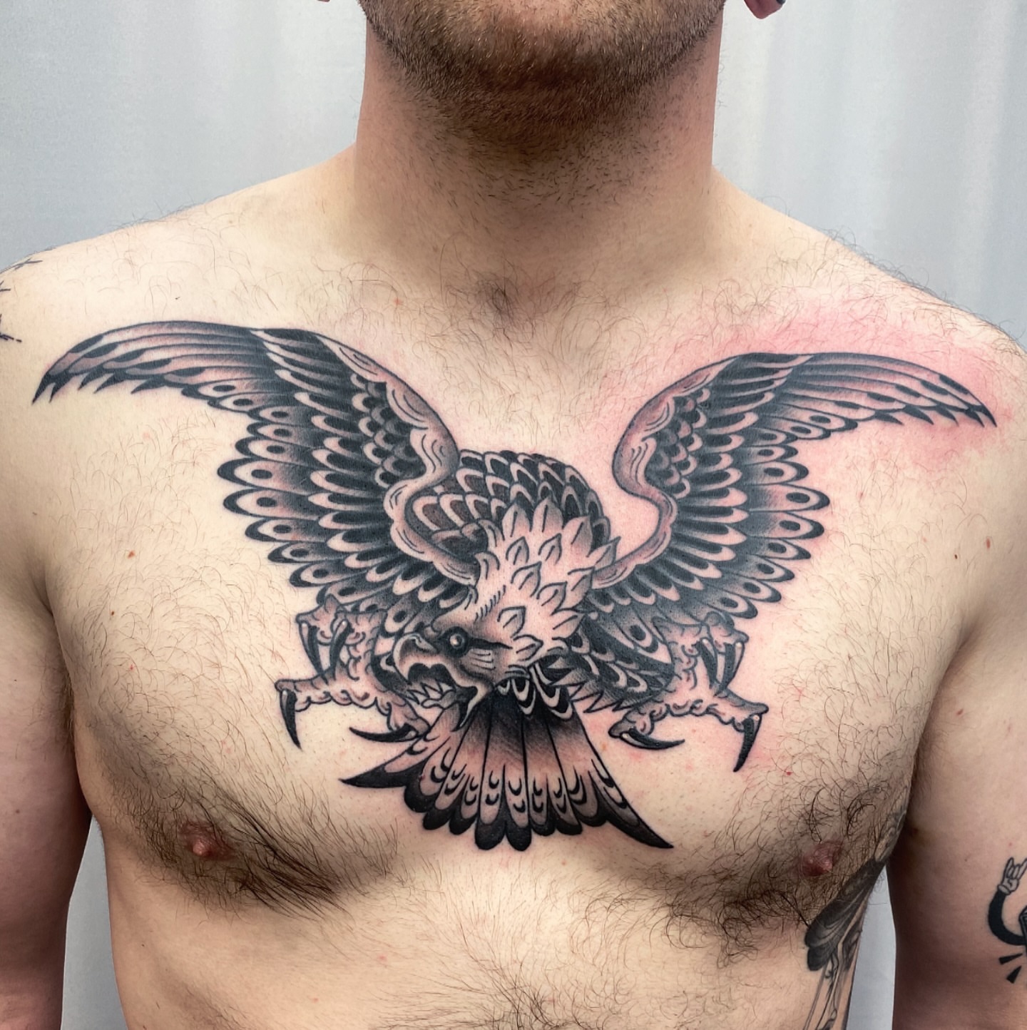 Eagle black and grey tattoo on the chest by Adam Bailey, Portland, Oregon
