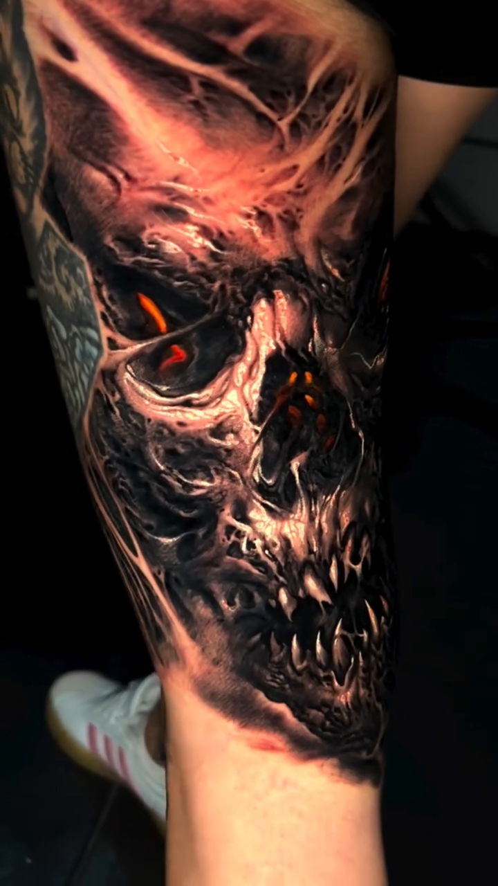 Demonic skull realism tattoo by David Jorquera