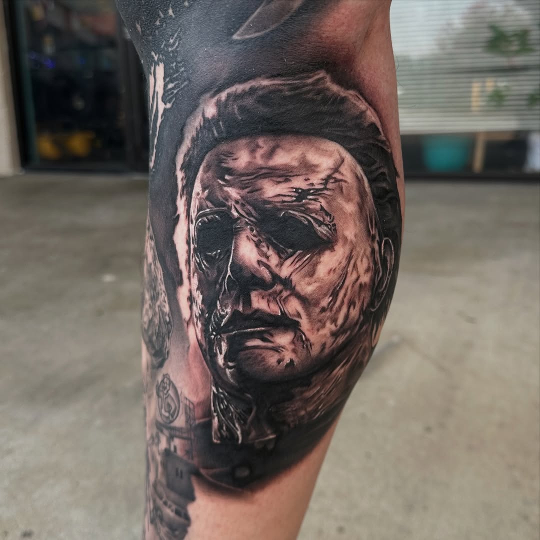 Michael Myers portrait realism tattoo on the forearm by Atlanta Tattoo Artist, Atlanta, Georgia