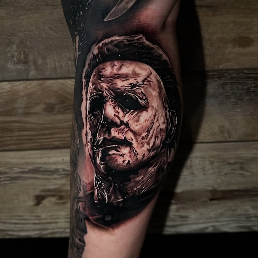 Michael Myers portrait realism tattoo on the forearm by Atlanta Tattoo Artist, Atlanta, Georgia