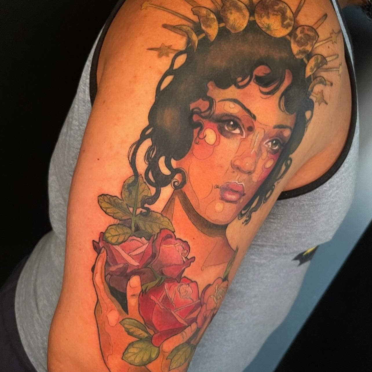 Woman with roses realism tattoo on the shoulder by Paige Hudon, Chicago, Illinois