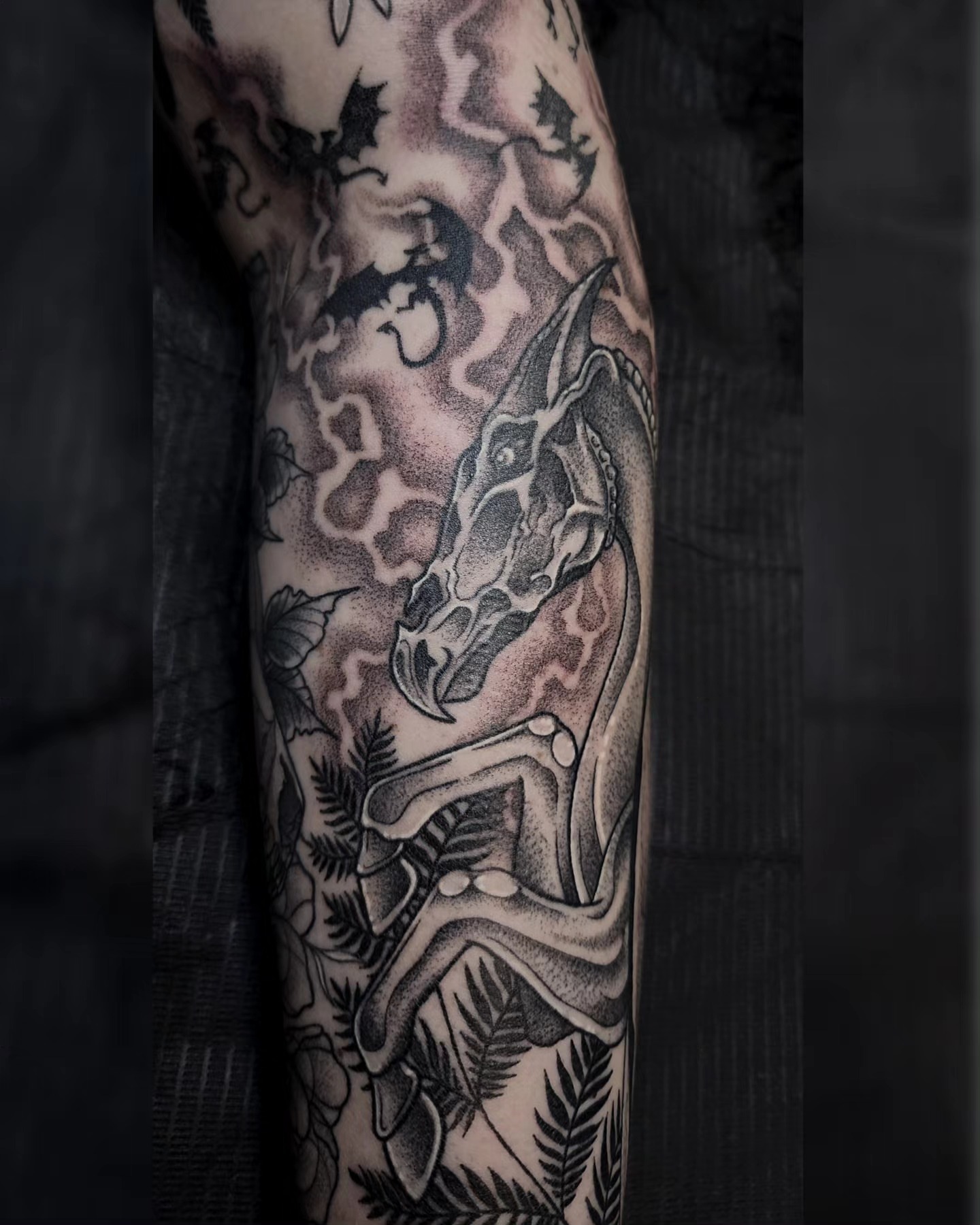Dragon dotwork tattoo on the forearm by Mariah Giovanna Hodgens