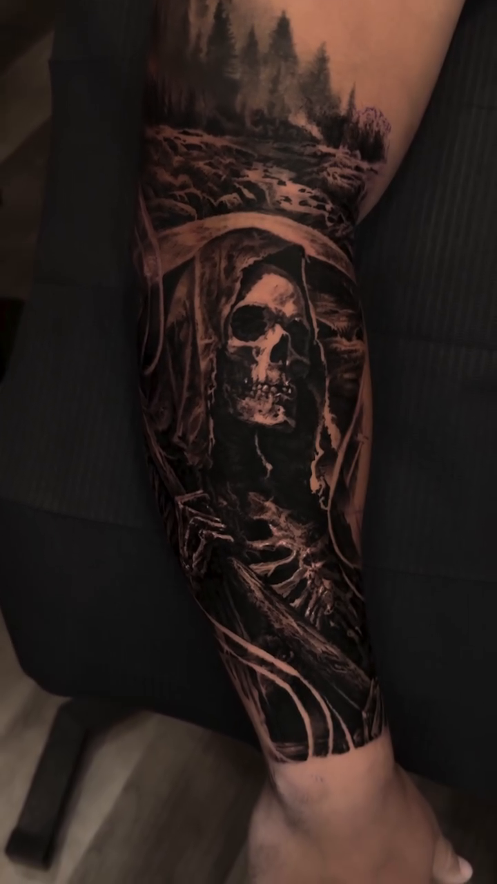 Grim Reaper in a forest landscape dark realism tattoo by Armando Galán 🇨🇱🇺🇸