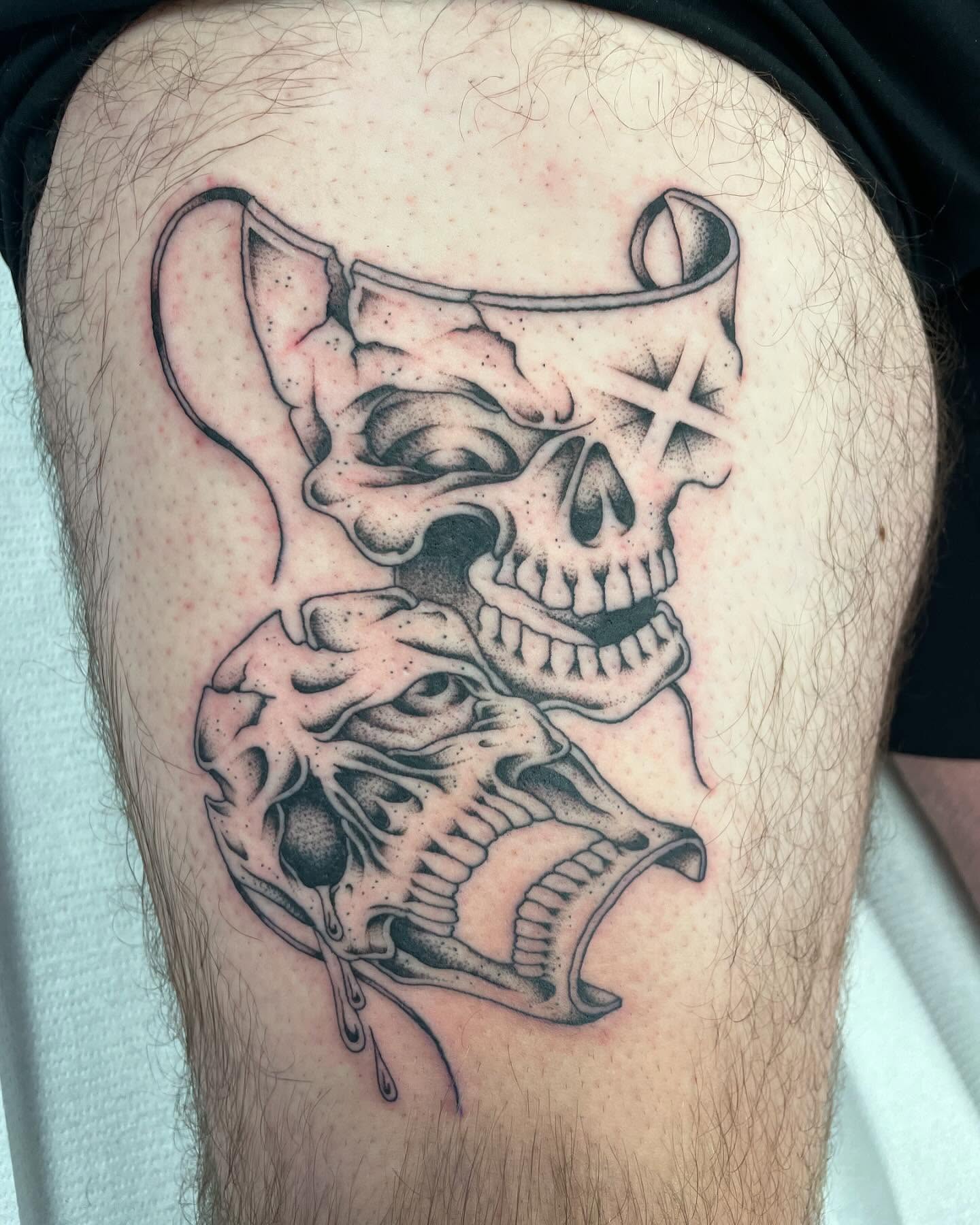 Skull realism tattoo on the thigh by Brayden P Tattoo
