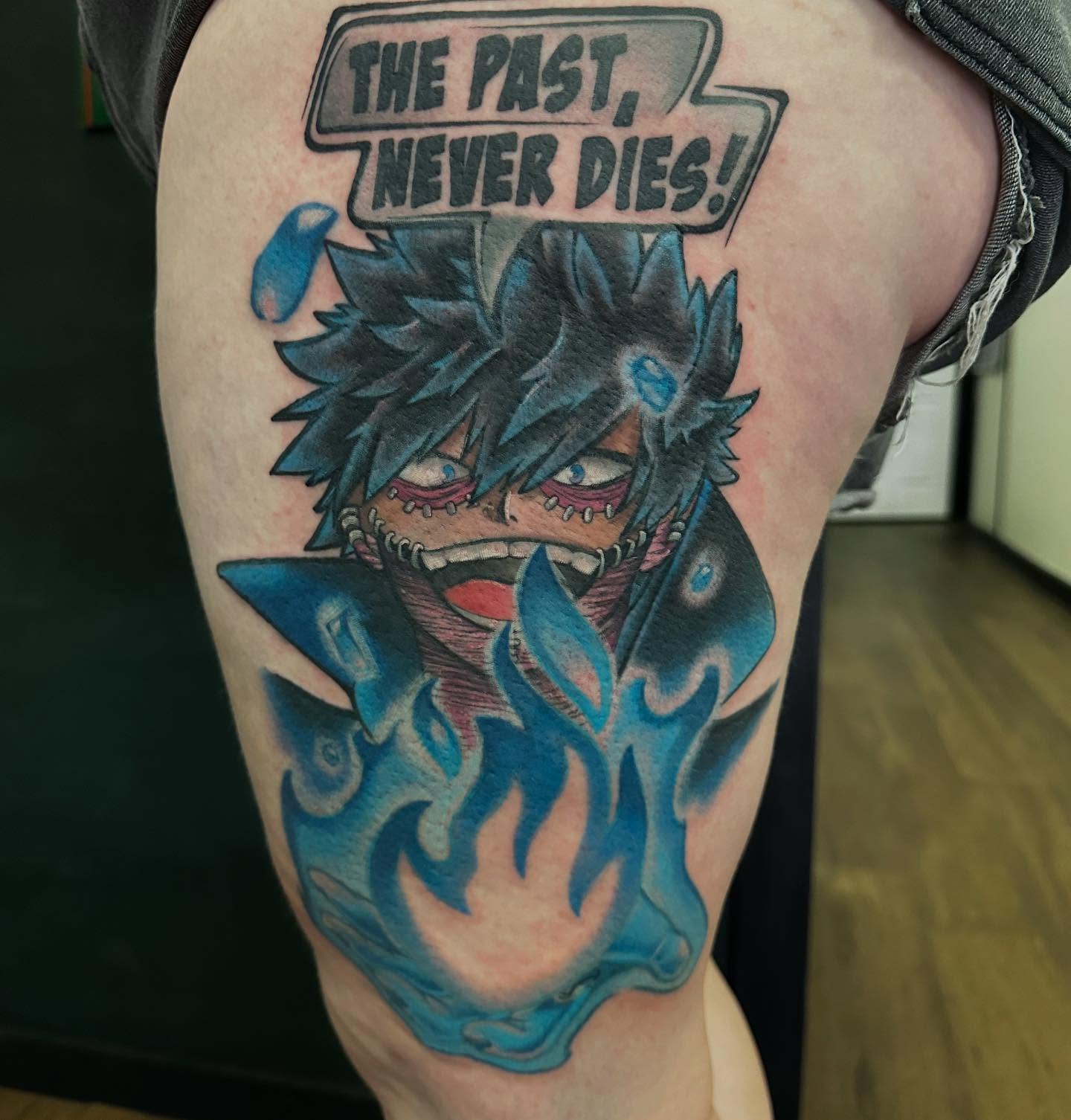The past, never dies anime tattoo on the thigh by Valen Laska