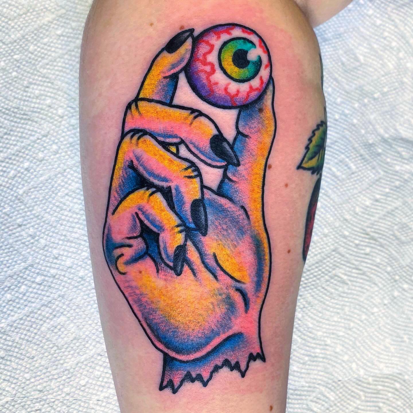 Eye and heart American traditional tattoo on the forearm by Randy Conner, Portland, Oregon