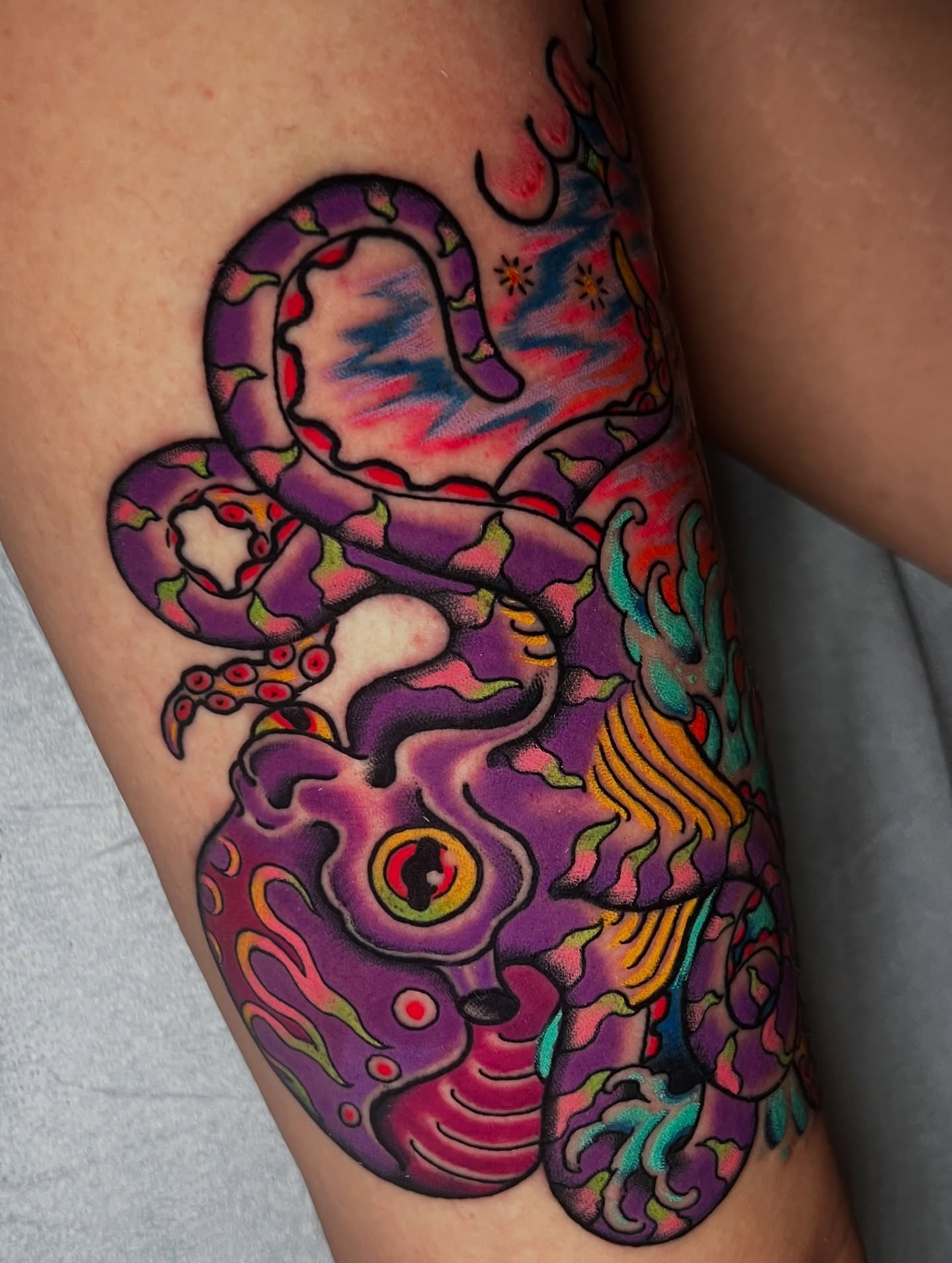 Octopus new school tattoo on the thigh by Savannah Brayton, Bethlehem, Pennsylvania