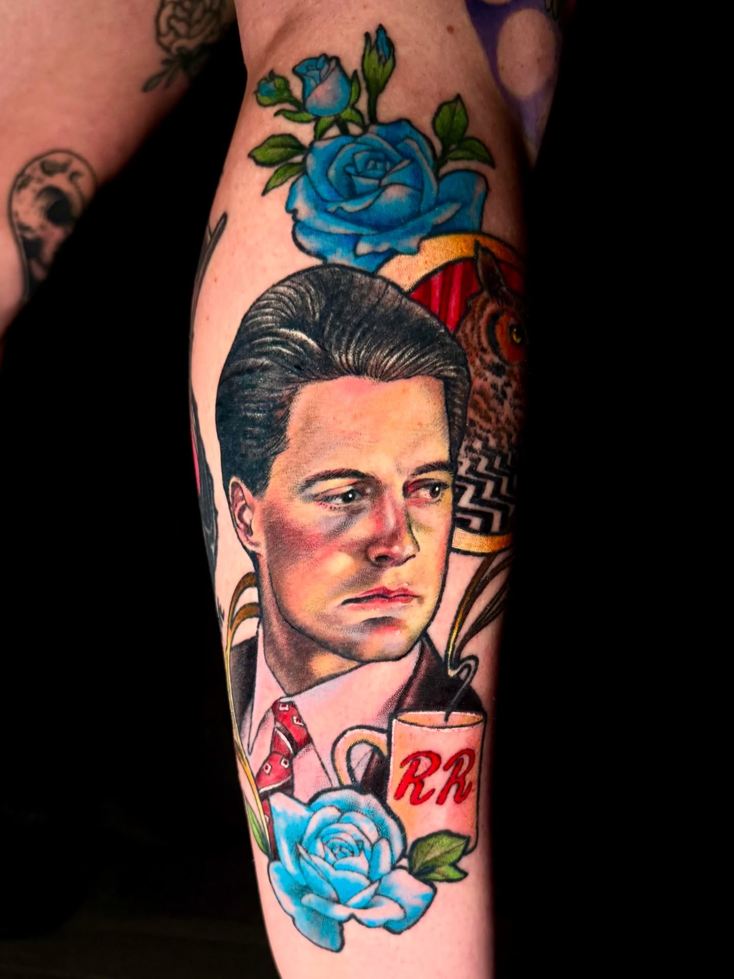 Portrait of a man American traditional tattoo on the forearm by Christel Perkins