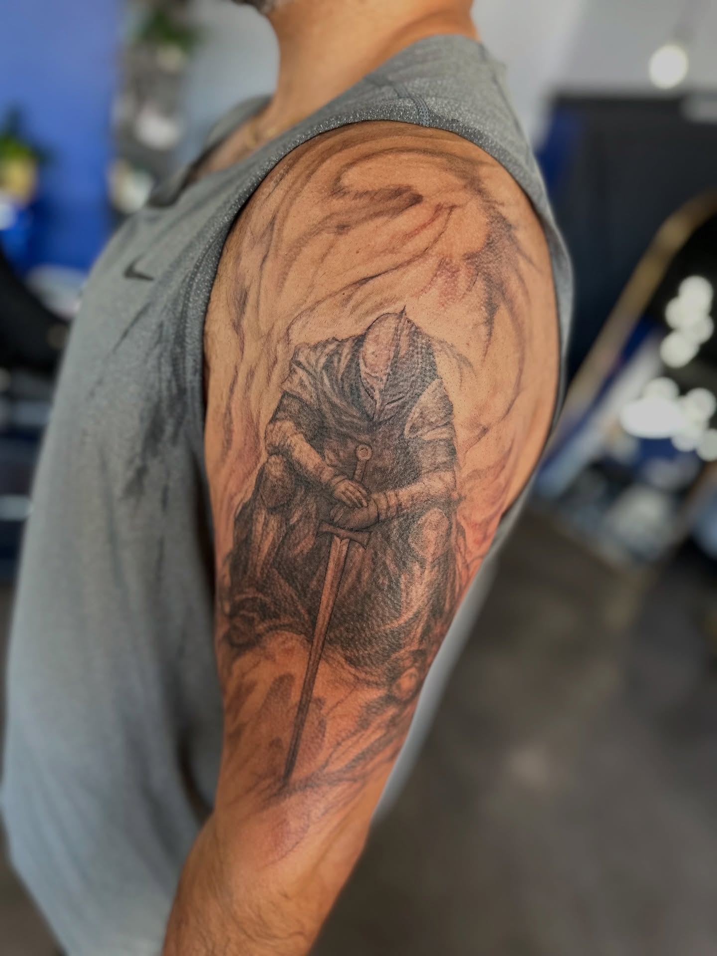 Medieval warrior realism tattoo on the shoulder by Cameron Hobbs, Woodbridge, Virginia