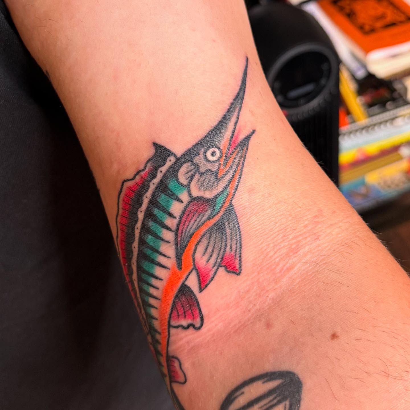 Marlin American traditional tattoo on the forearm by Joe Truck