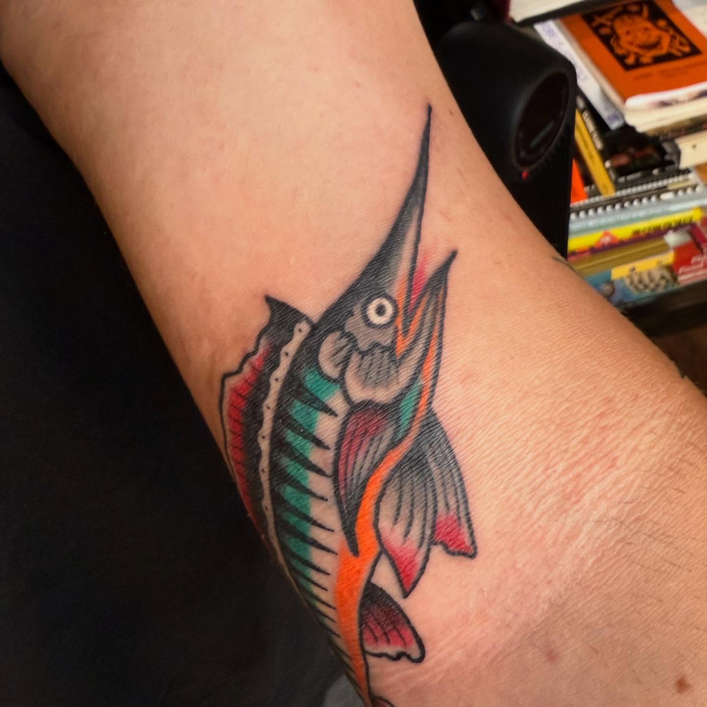 Marlin American traditional tattoo on the forearm by Joe Truck