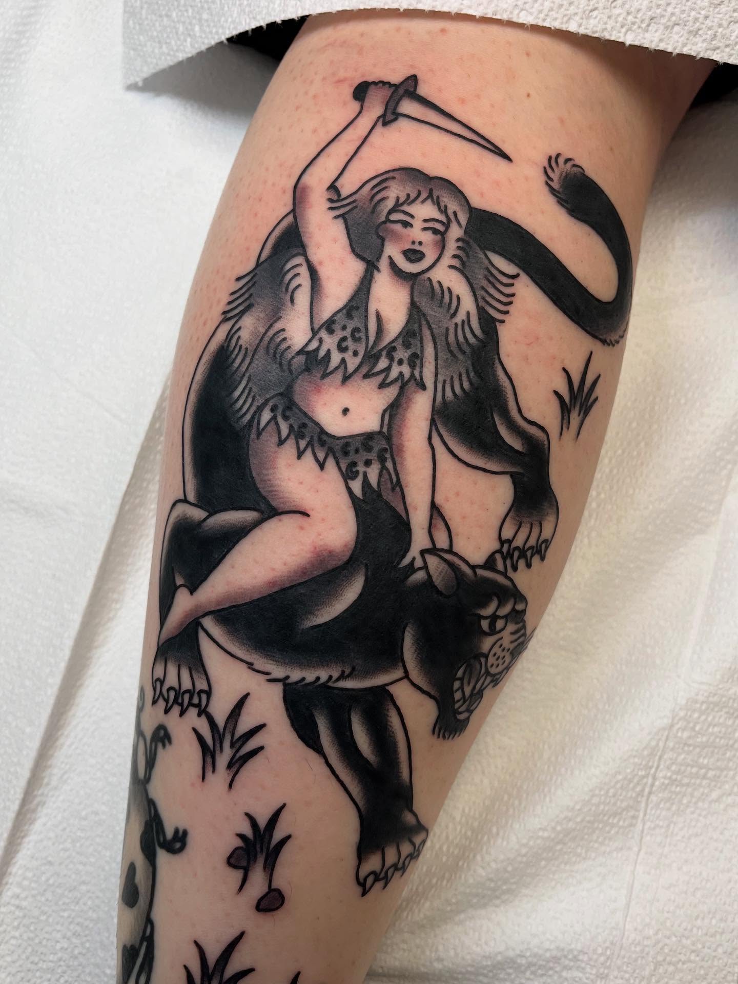 Woman with scythe American traditional tattoo on the thigh by 🌞all Bodies Welcome🌞