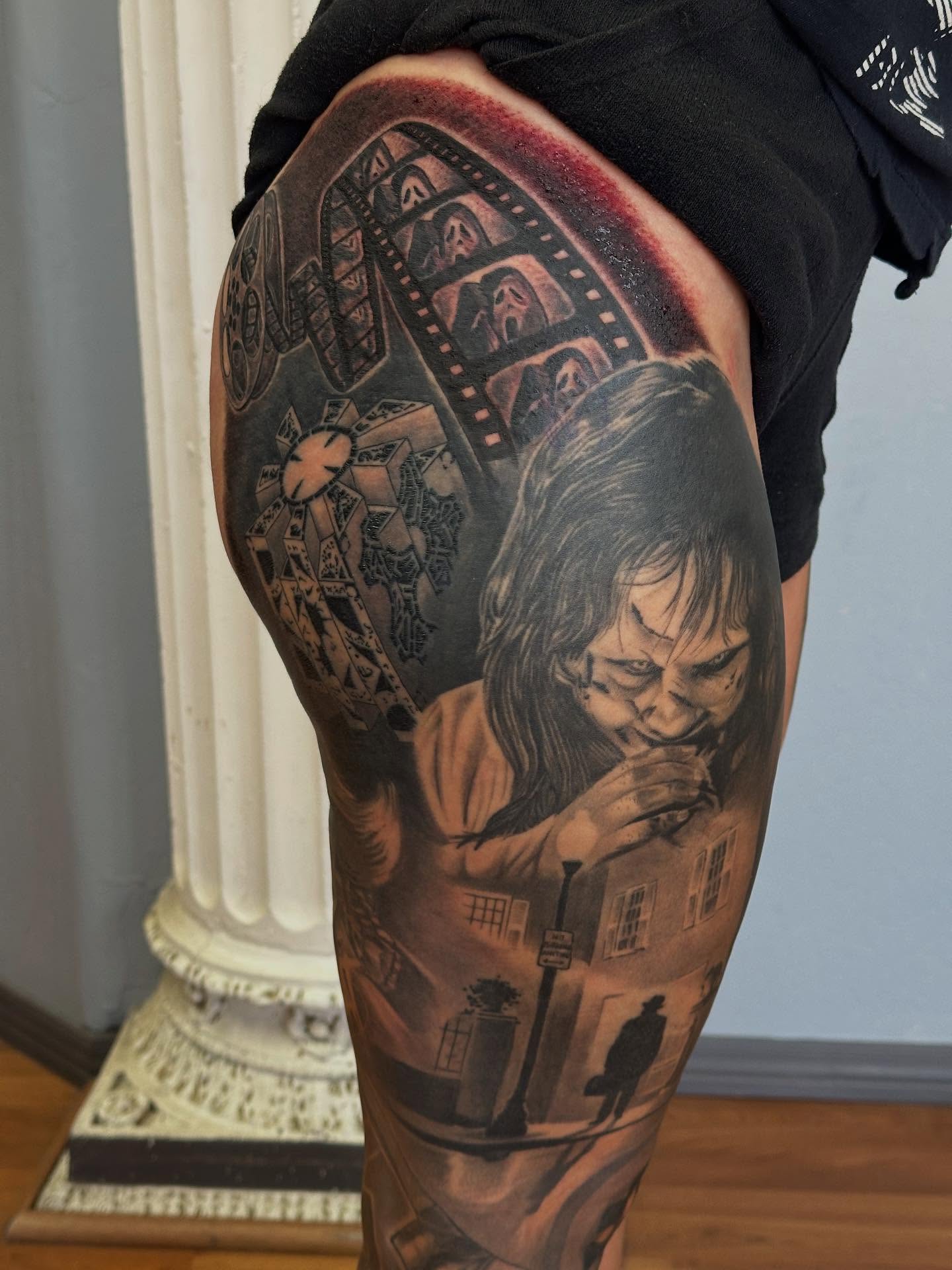 Man with long hair realism tattoo on the thigh by KJ