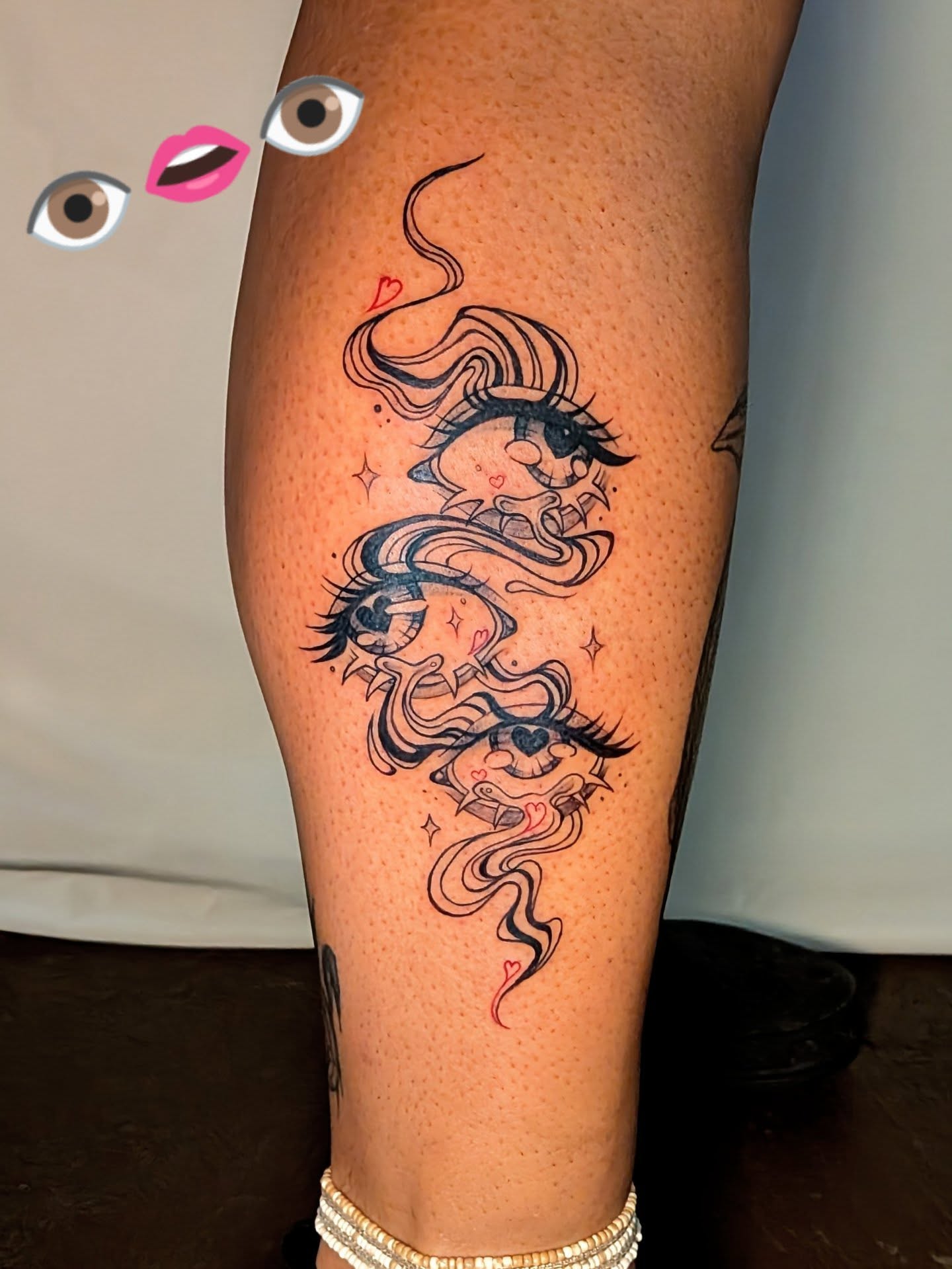 Three women dotwork tattoo on the calf by Shannon