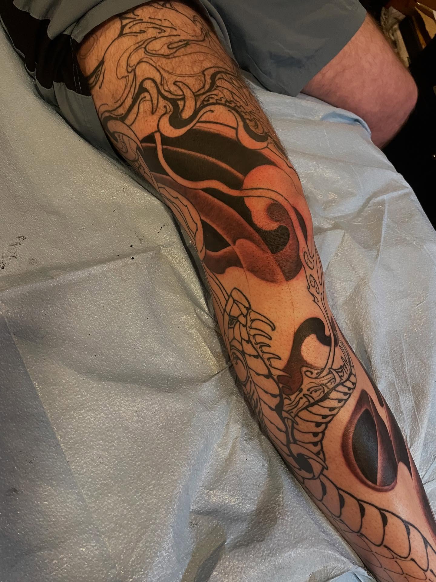 Dragon neo-traditional tattoo on the forearm by Billy Haines