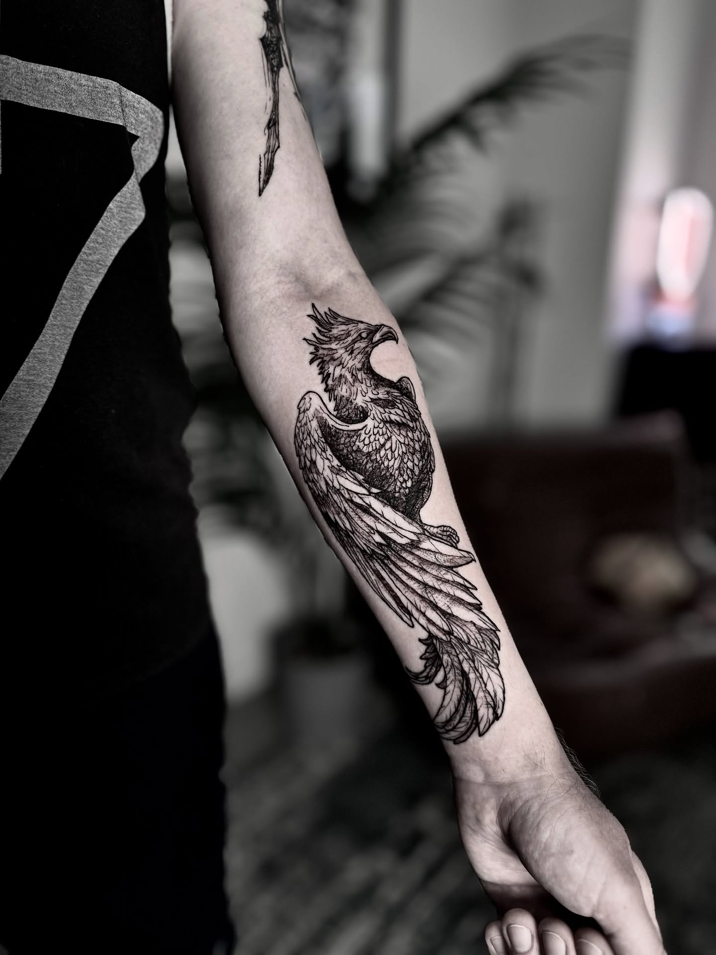 Phoenix black and grey tattoo on the forearm by Bwk Dark Art