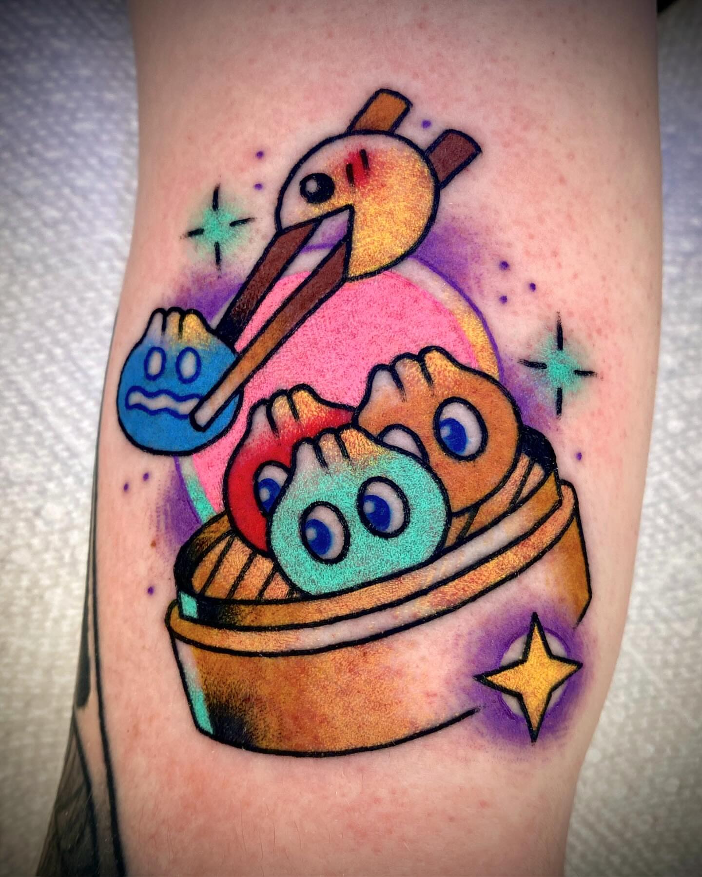 Dumplings dotwork tattoo on the forearm by Zach Knisley (Wiz)